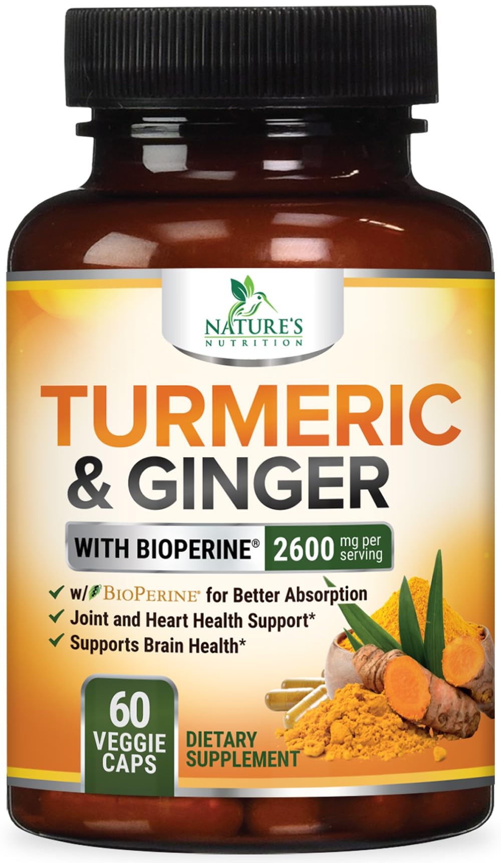 Nature's Nutrition Turmeric Curcumin Supplement 2000mg Organic Turmeric Per Serving 95% Curcuminoids, Ginger & BioPerine Black Pepper for Best Absorption Natural Vegan Joint Support Capsules 60 Count