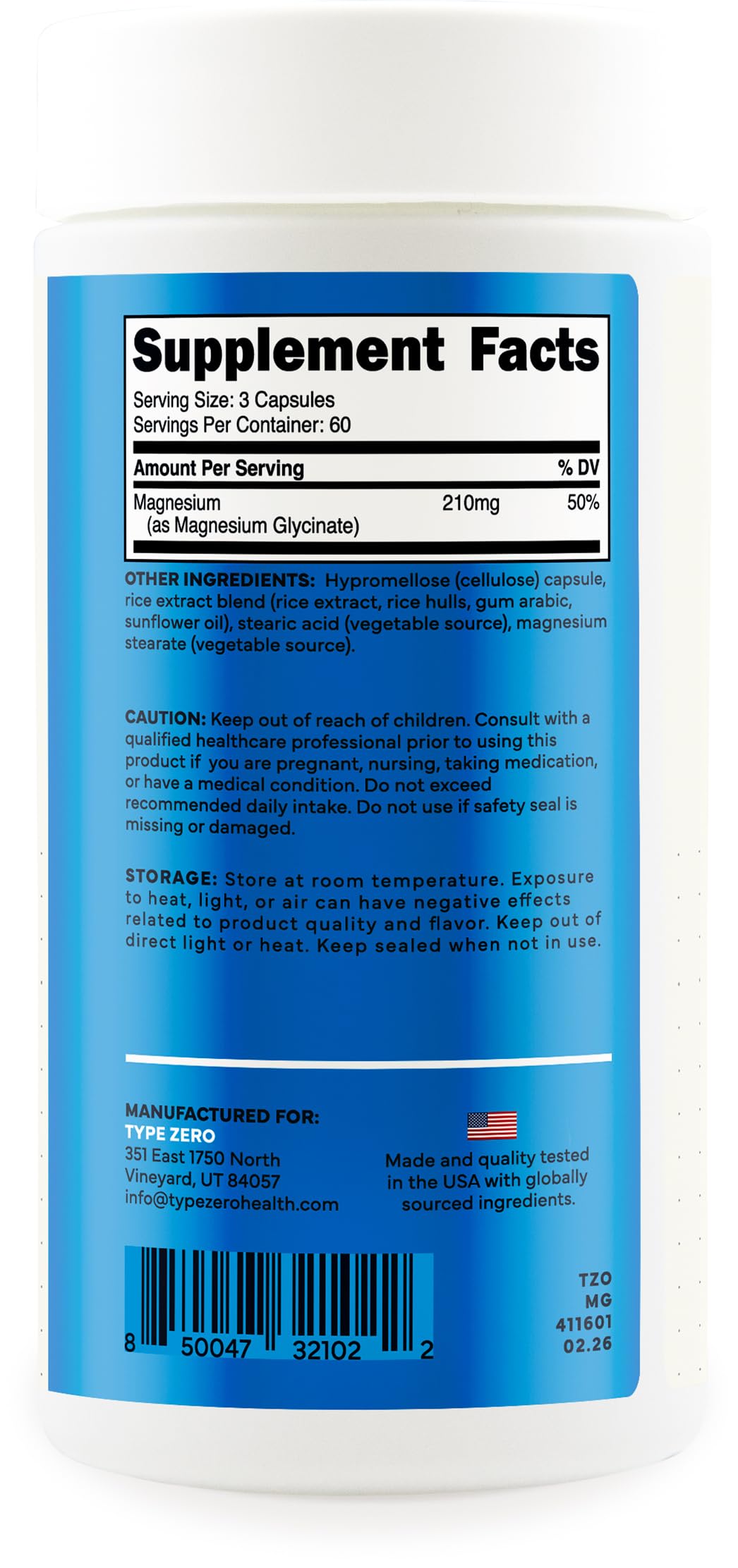Type Zero Magnesium Glycinate (210mg) Capsule 180 Capsules