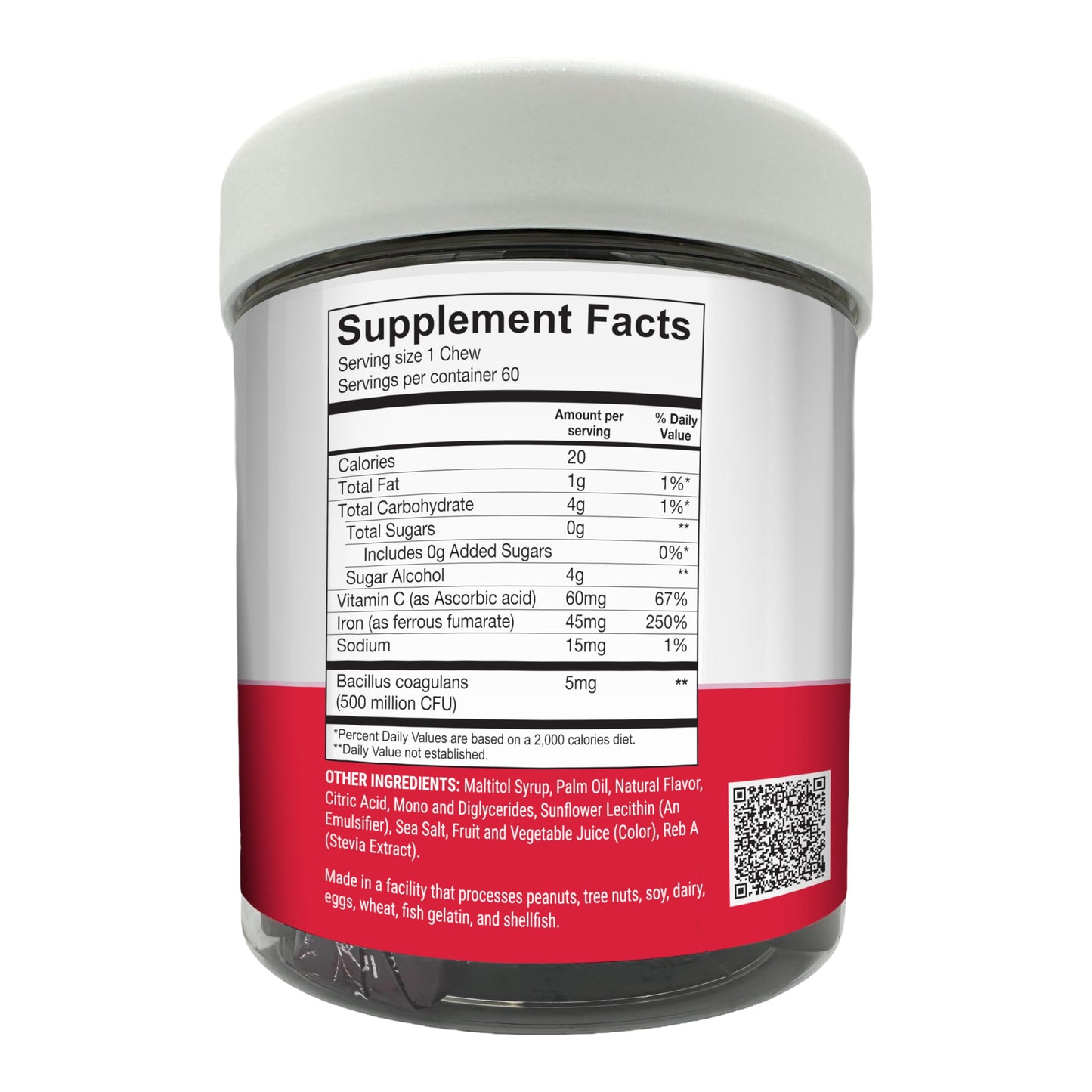 BariatricPal Sugar-Free Iron Soft Chews 45mg with Vitamin C & Probiotics - Sour Raspberry, 60 Count