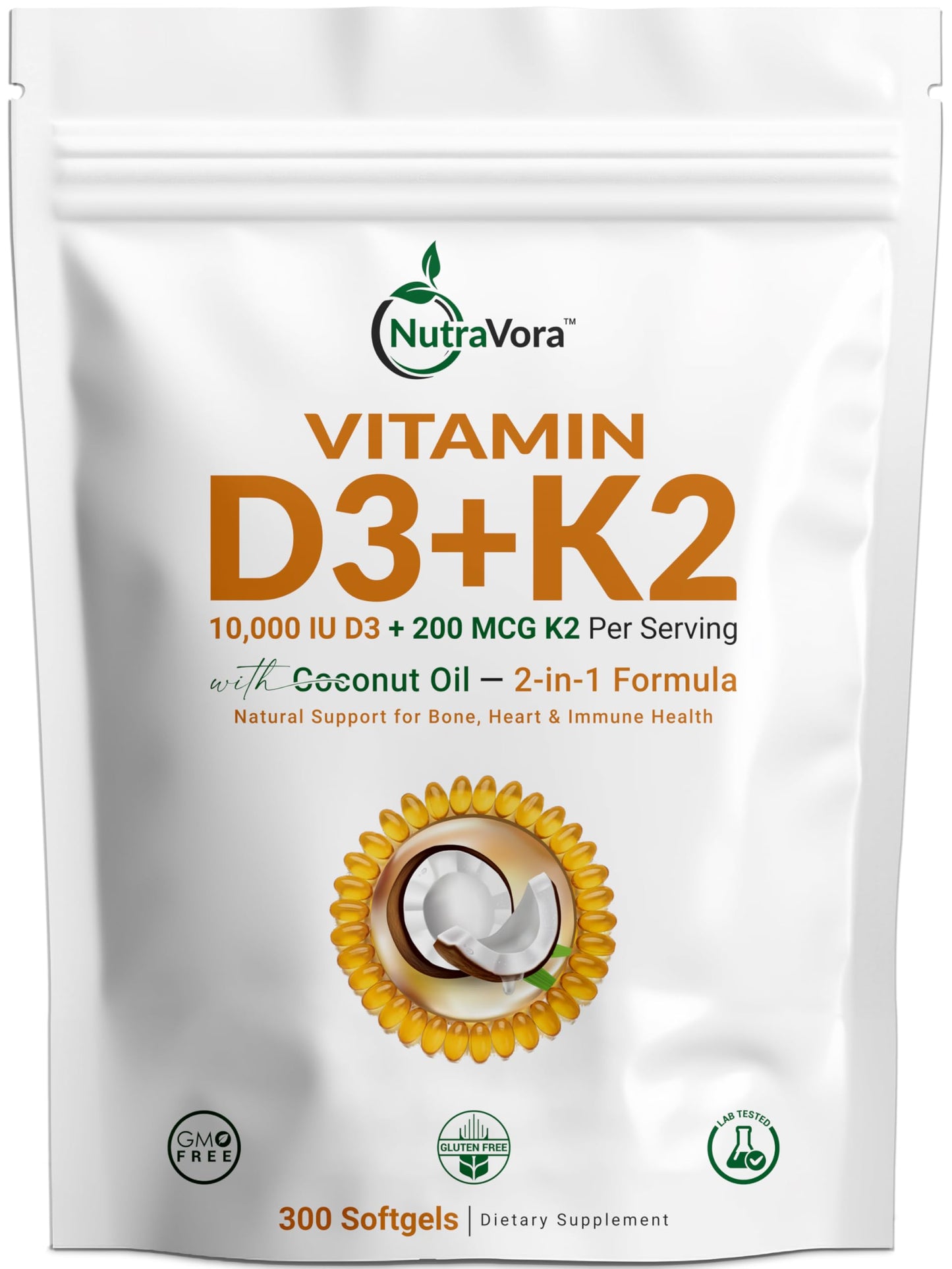 NutraVora Vitamin D3 K2 Supplement Softgels 300