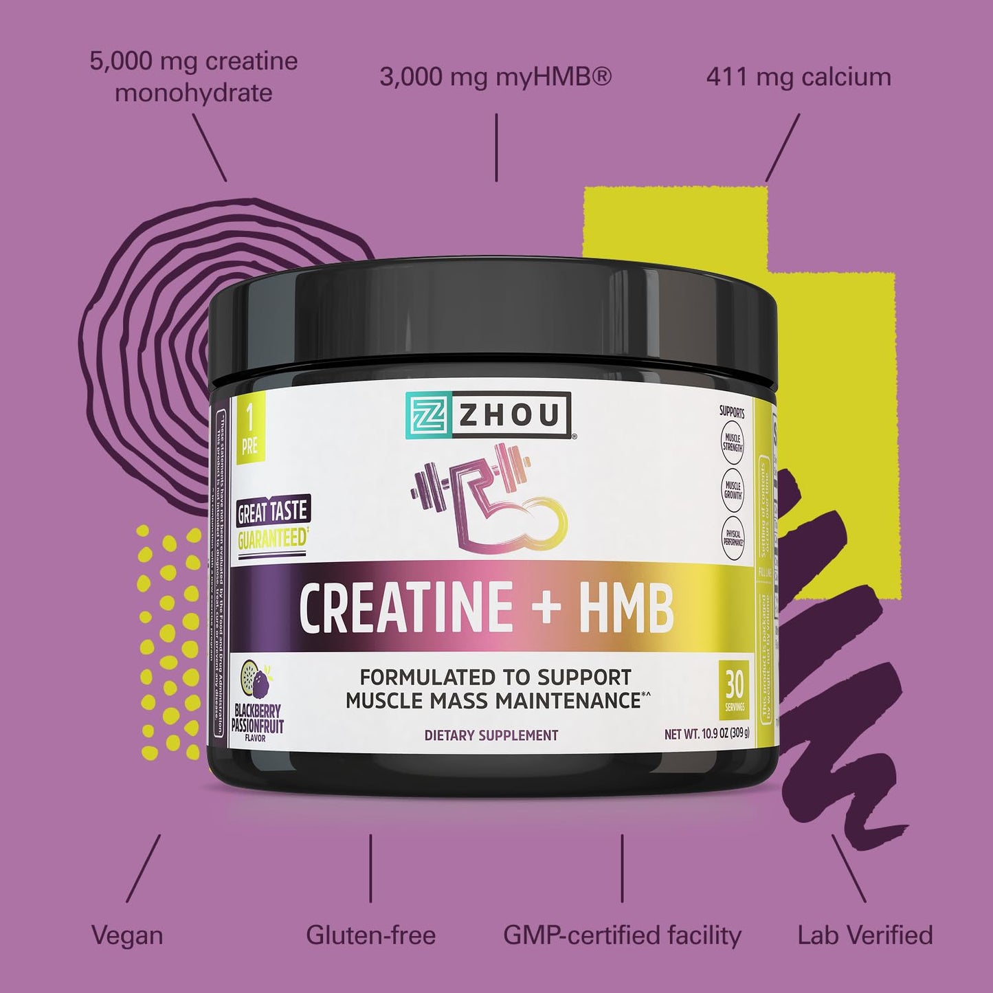 ZHOU Creatine Plus HMB Powder 10.9 oz
