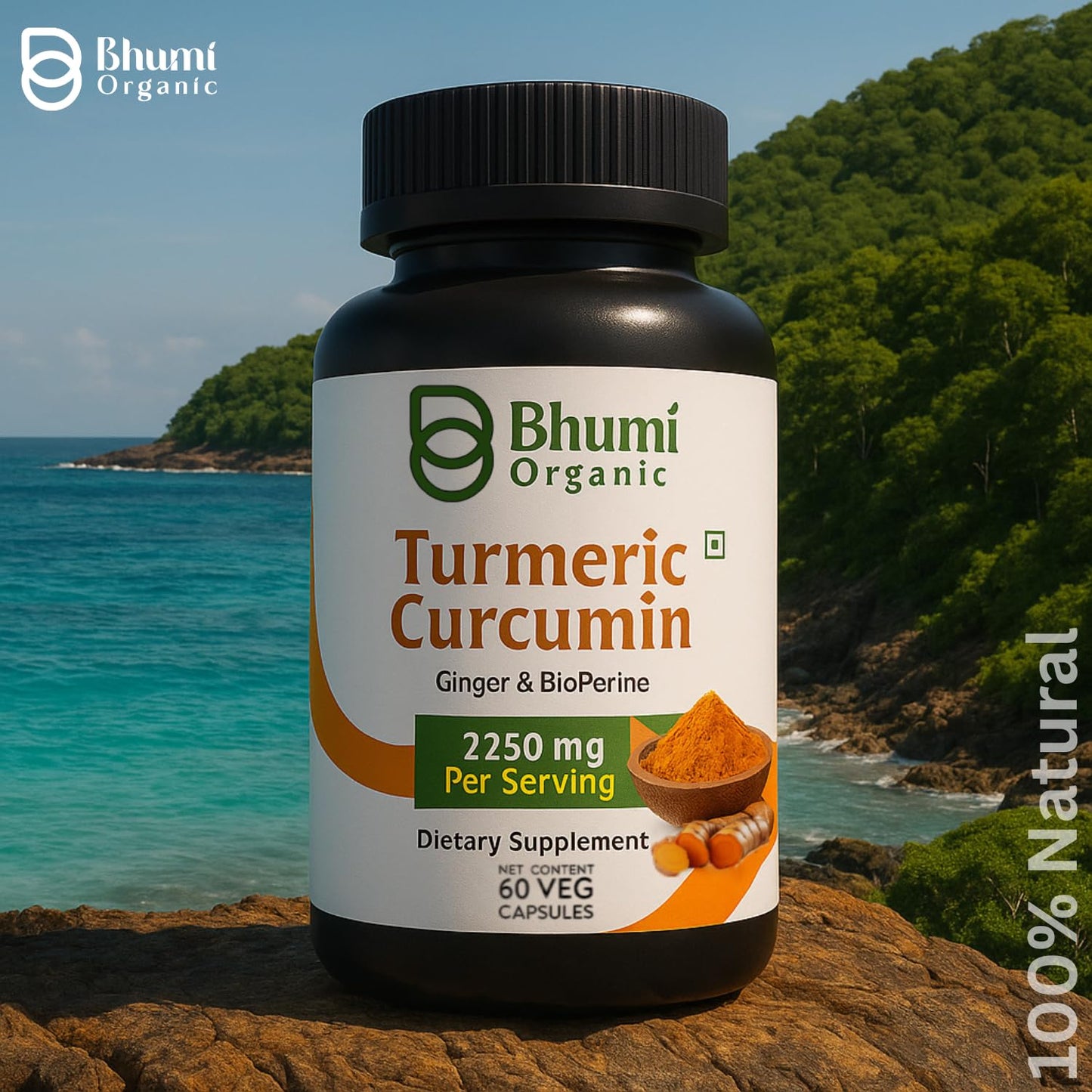 Bhumi Organic 4-in-1 Turmeric Curcumin Ginger Supplements with Bioperine 2250 mg, Capsules, 60 Count