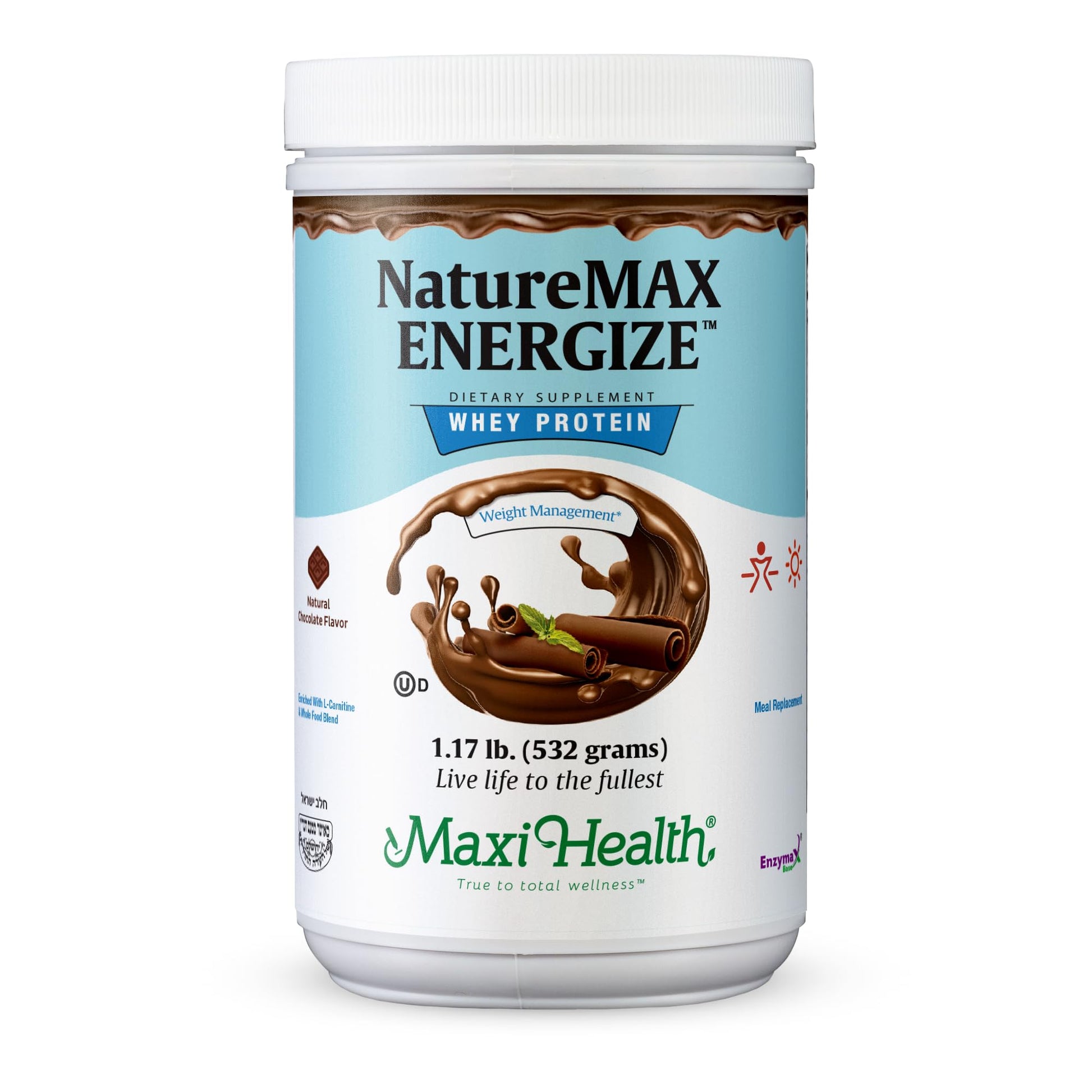Maxi Health NatureMax Energize Whey Protein Powder, 1.17 lb, Chocolate Flavor