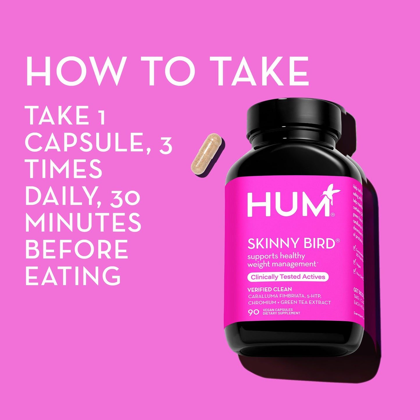 HUM Skinny Bird Green Tea Extract Appetite Support for Women with 5HTP, Chromium, Caralluma Fimbriata, Gluten Free and Vegan, Green Tea Extract Capsules, 90 Count