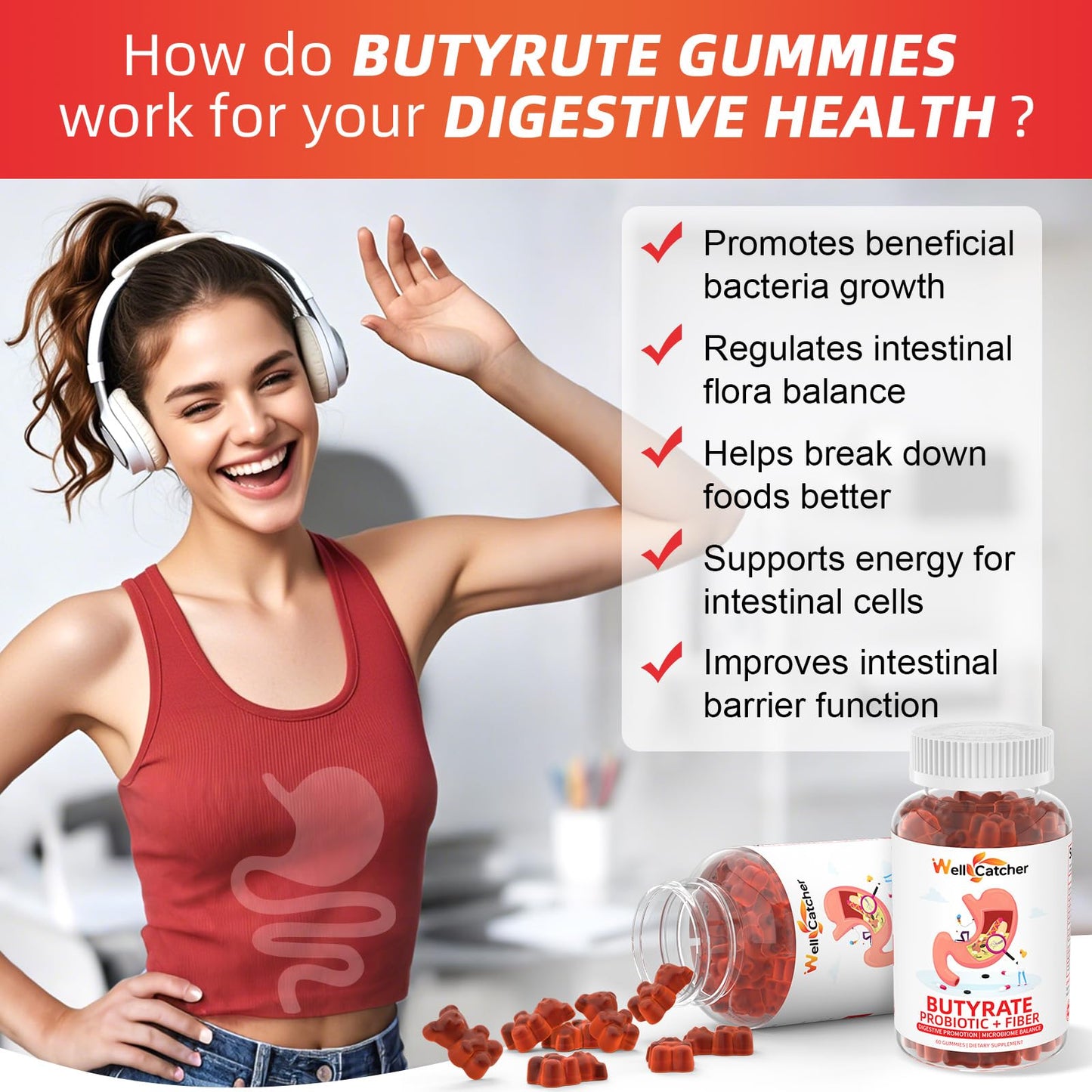 Wellcatcher Butyrate Gummies Gut Health Supplement with Probiotic & Prebiotic Fiber, Sugar Free, Vegan Hawthorn Flavor, 60 Gummies