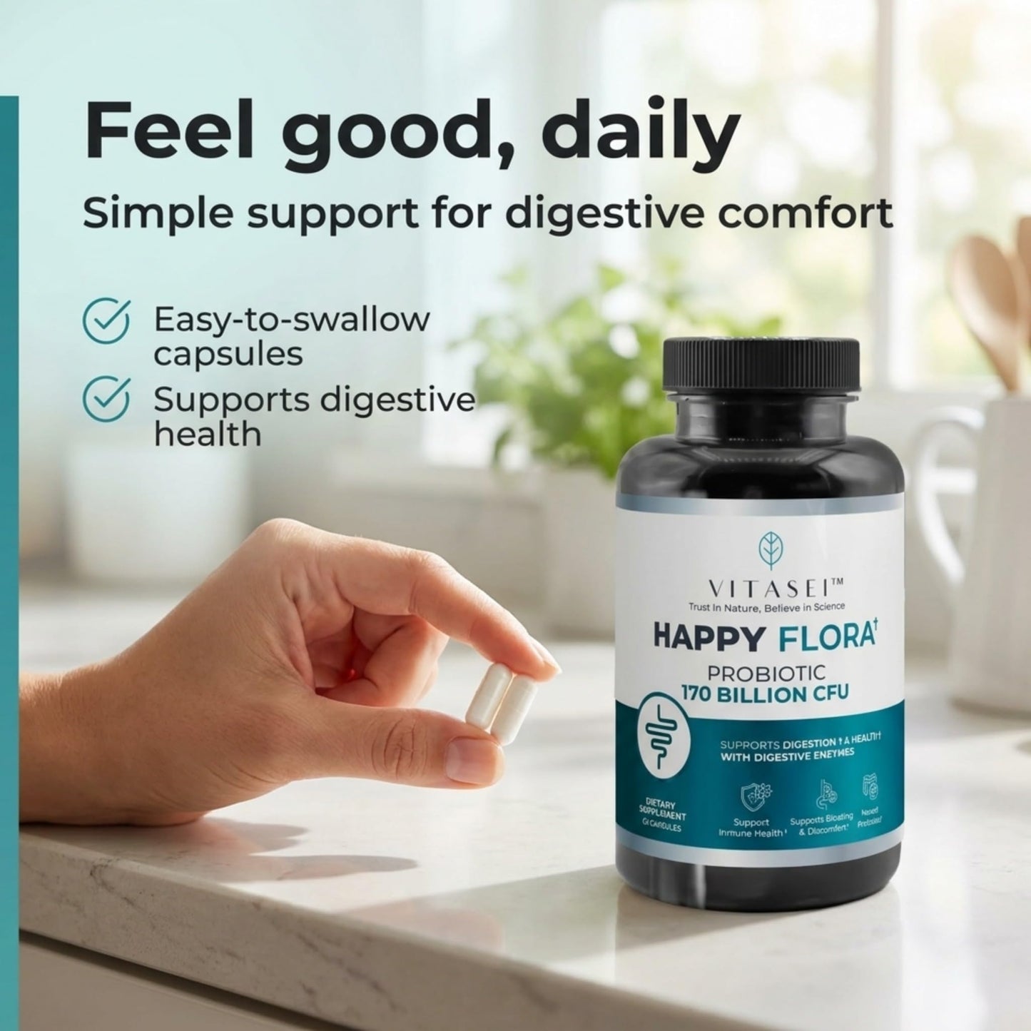 VITASEI Happy Flora Probiotic Supplement – 170 Billion CFU with Digestive Enzymes – Gut Health and Metabolic Support for Women and Men – 120 Capsules