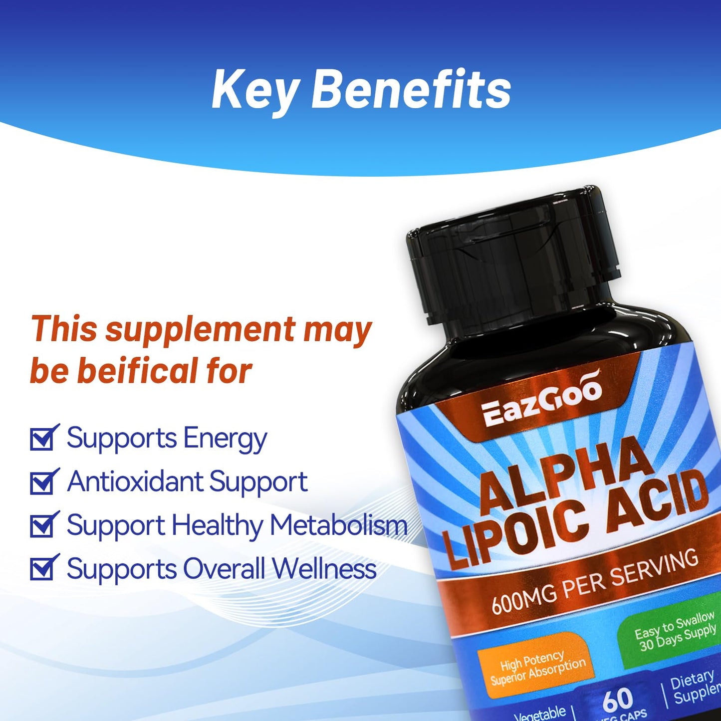 EAZGOO Alpha Lipoic Acid Capsule, 600mg Per Serving, 120 Capsules