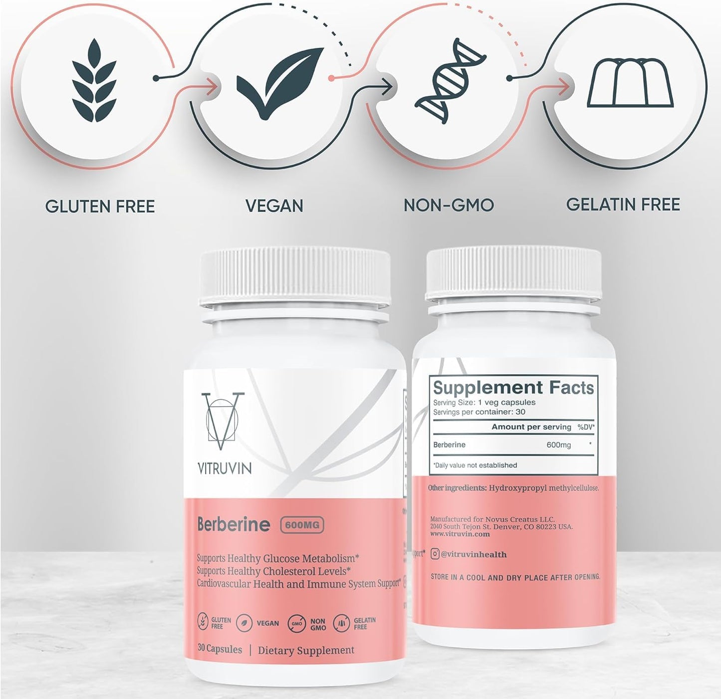VITRUVIN Berberine 600mg Capsules, 30 Count