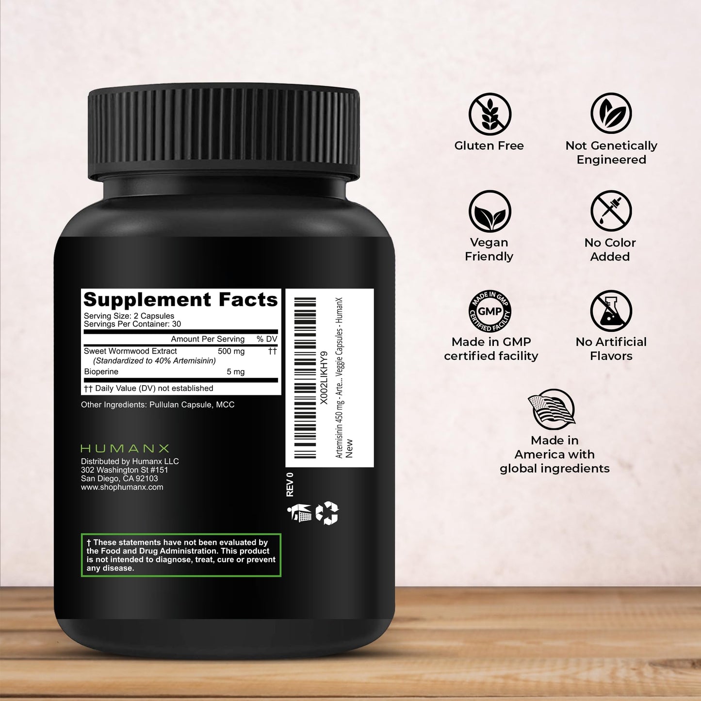 HUMANX Artemisinin 505mg with Bioperine Capsules, 60 Count