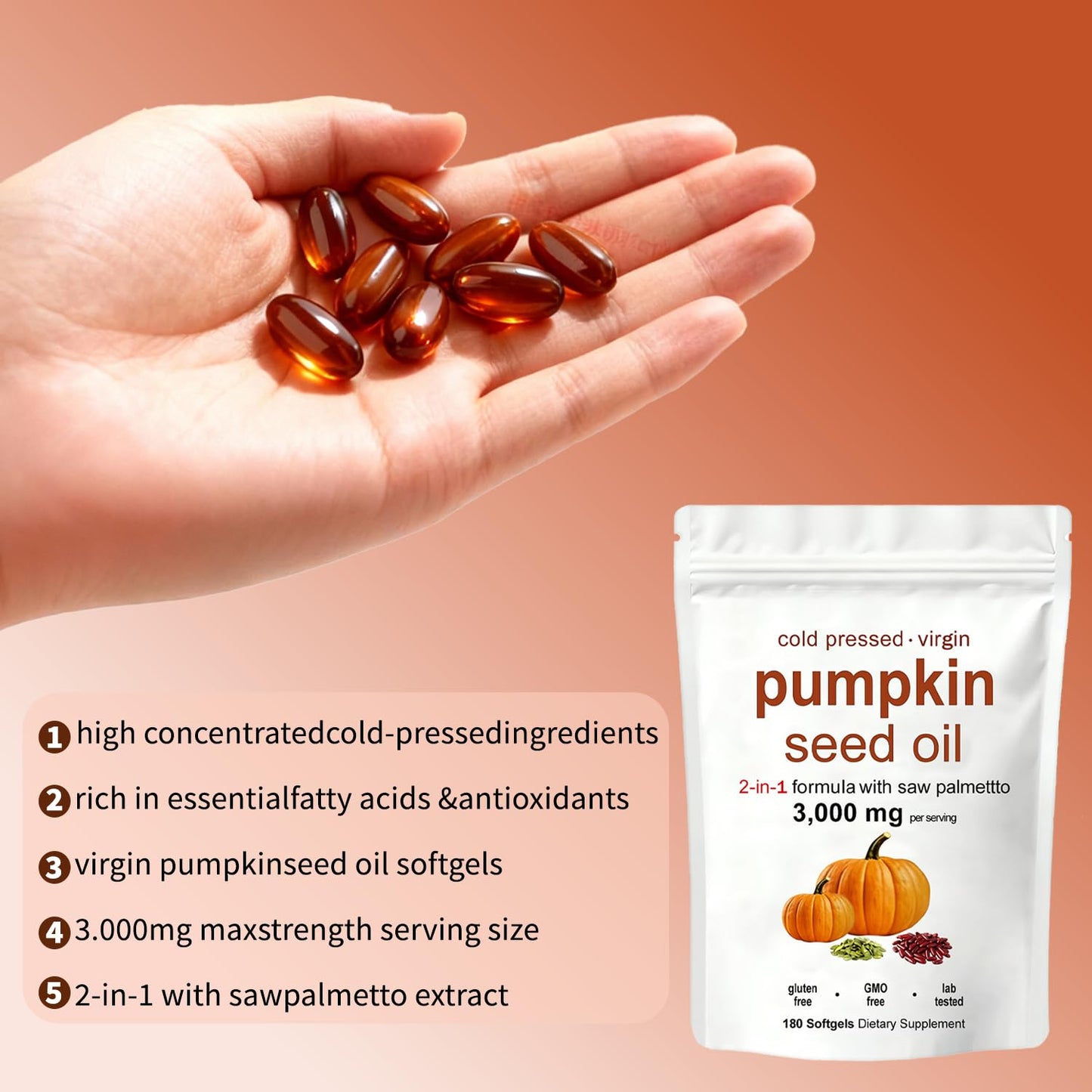 KITABIO Pumpkin Seed Oil Capsules with Saw Palmetto 3000mg Cold Pressed for Hair Growth - Non-GMO, 180 Softgels