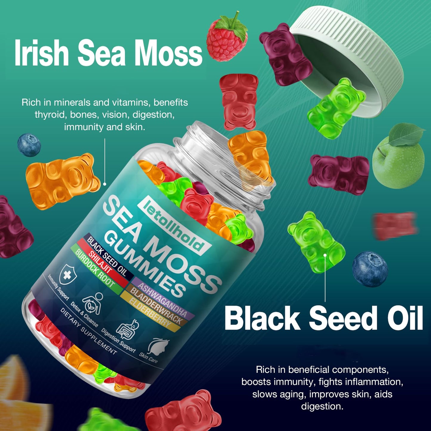 Letollhold Sea Moss Gummies with Ashwagandha, Bladderwrack & Burdock Root - 240 Count