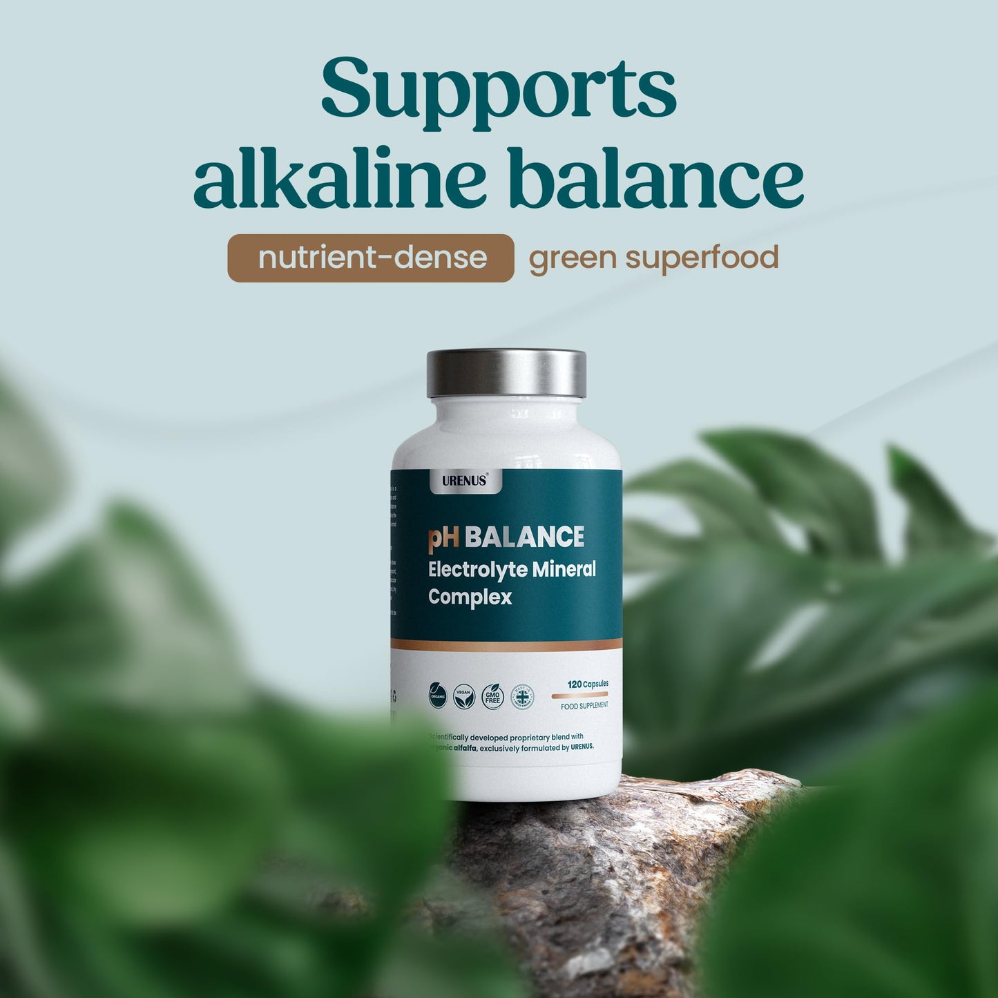 Urenus pH Balance Electrolyte Mineral Complex with Organic Alfalfa - Magnesium, Potassium, Calcium, Zinc, Vitamin C & Vitamin D3 - Electrolyte & Mineral Supplement - 120 Capsules