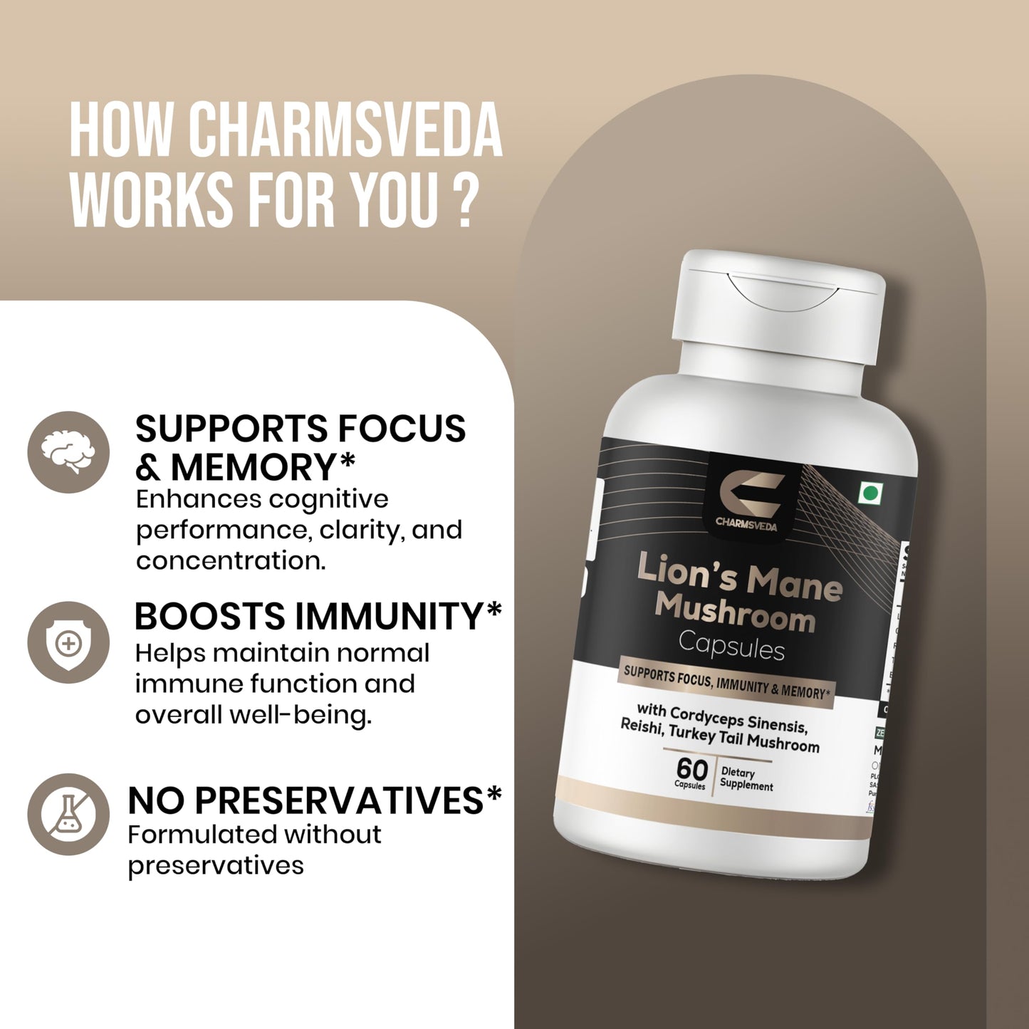 CHARMSVEDA Lion’s Mane Mushroom with Cordyceps, Reishi & Turkey Tail, 60 Capsules