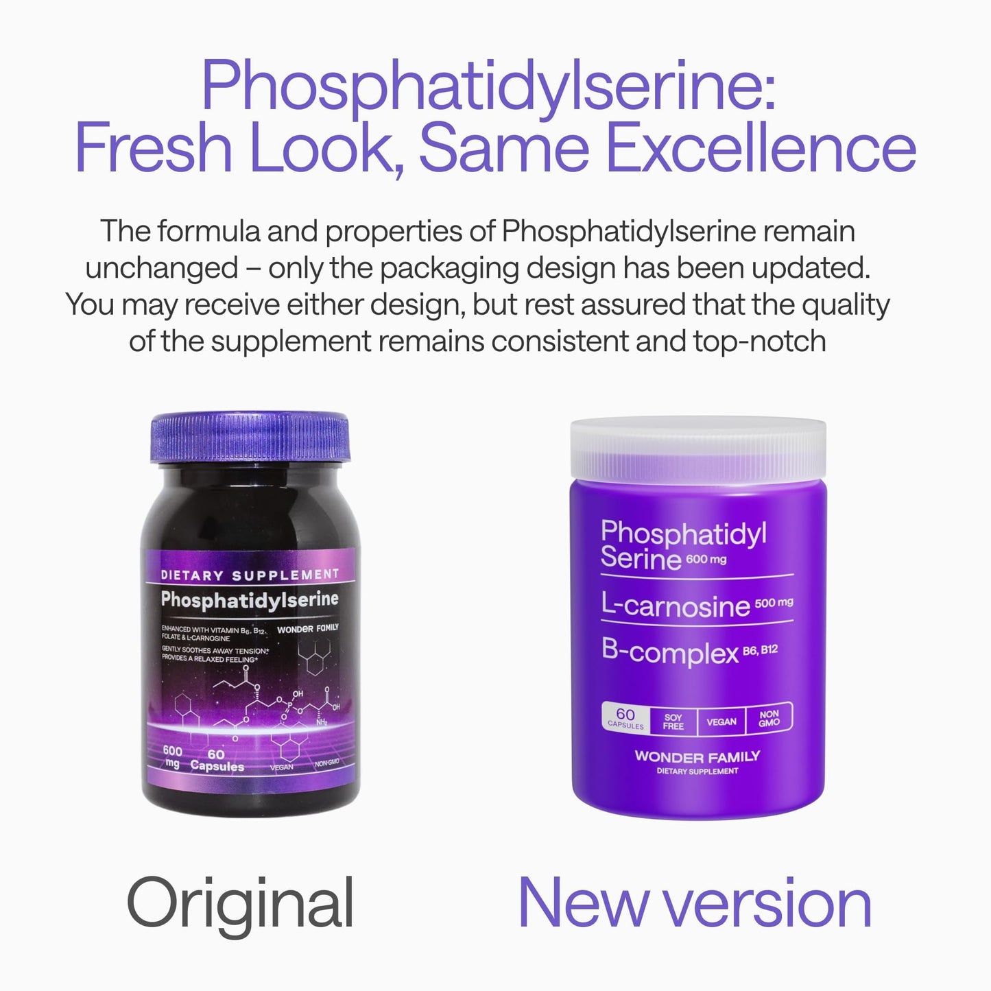 WONDER FAMILY Phosphatidylserine 600 mg Brain Supplement for Memory and Focus – Calm Focus & Advanced Brain Support with L-Carnosine 500 mg + B6 B12 Folate – Sunflower Soy Free, 60 Capsules