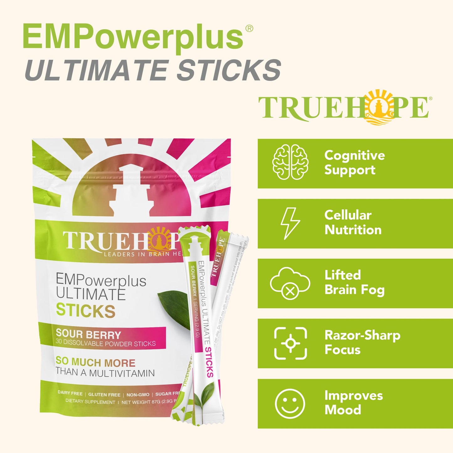 Truehope Multivitamin Nootropic Pouches with Inositol - Once-Per-Day EMPowerplus Ultimate Sticks Powder, 30 Count