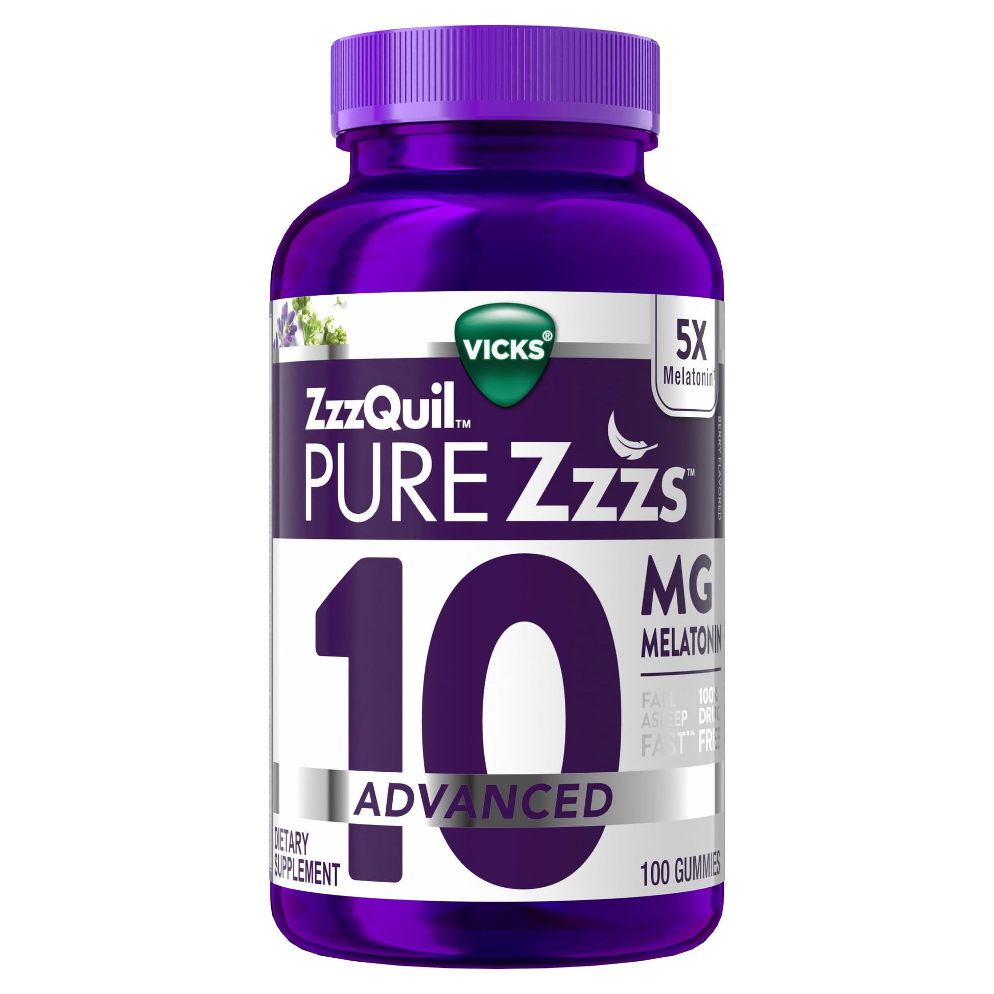 ZzzQuil Pure Zzzs Advanced Melatonin Gummies 10mg Sleep Aid with Chamomile & Lavender, Berry Flavor, 100 Gummies
