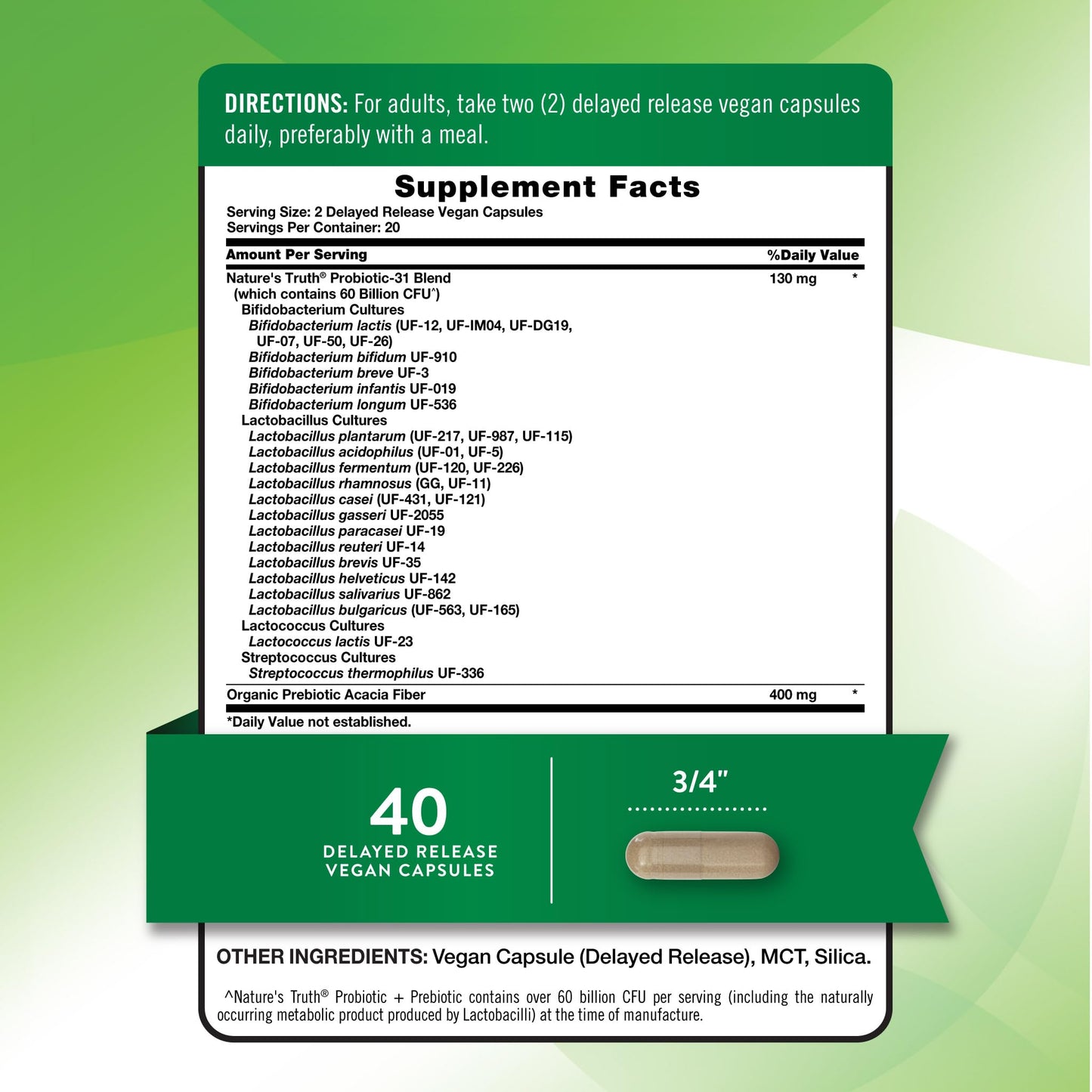 Nature's Truth Probiotic & Prebiotic Capsule 60 Billion CFU, 40 Capsules