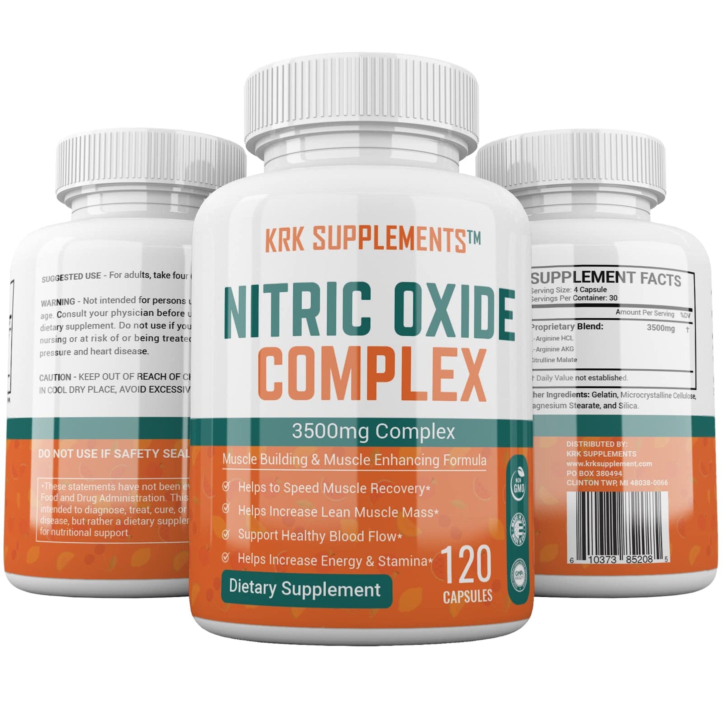 KRK SUPPLEMENTS Nitric Oxide Complex 3500mg Per Serving L-Arginine HCL AAKG AKG Alpha Ketoglutarate Citrulline Malate Capsules 360