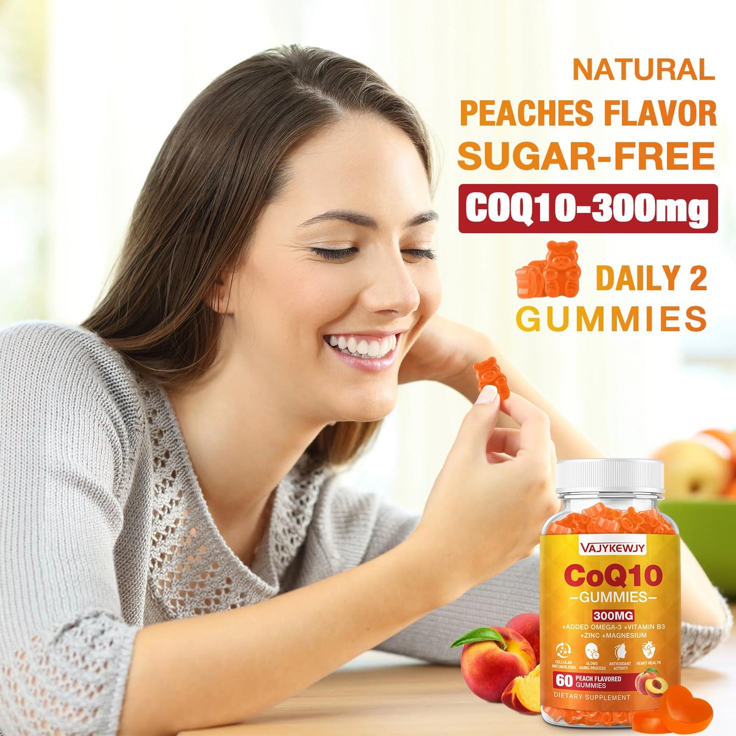 VAJYKEWJY CoQ10 Gummies with Omega-3, Vitamin B3 & Zinc, Vegan, 2 Pack