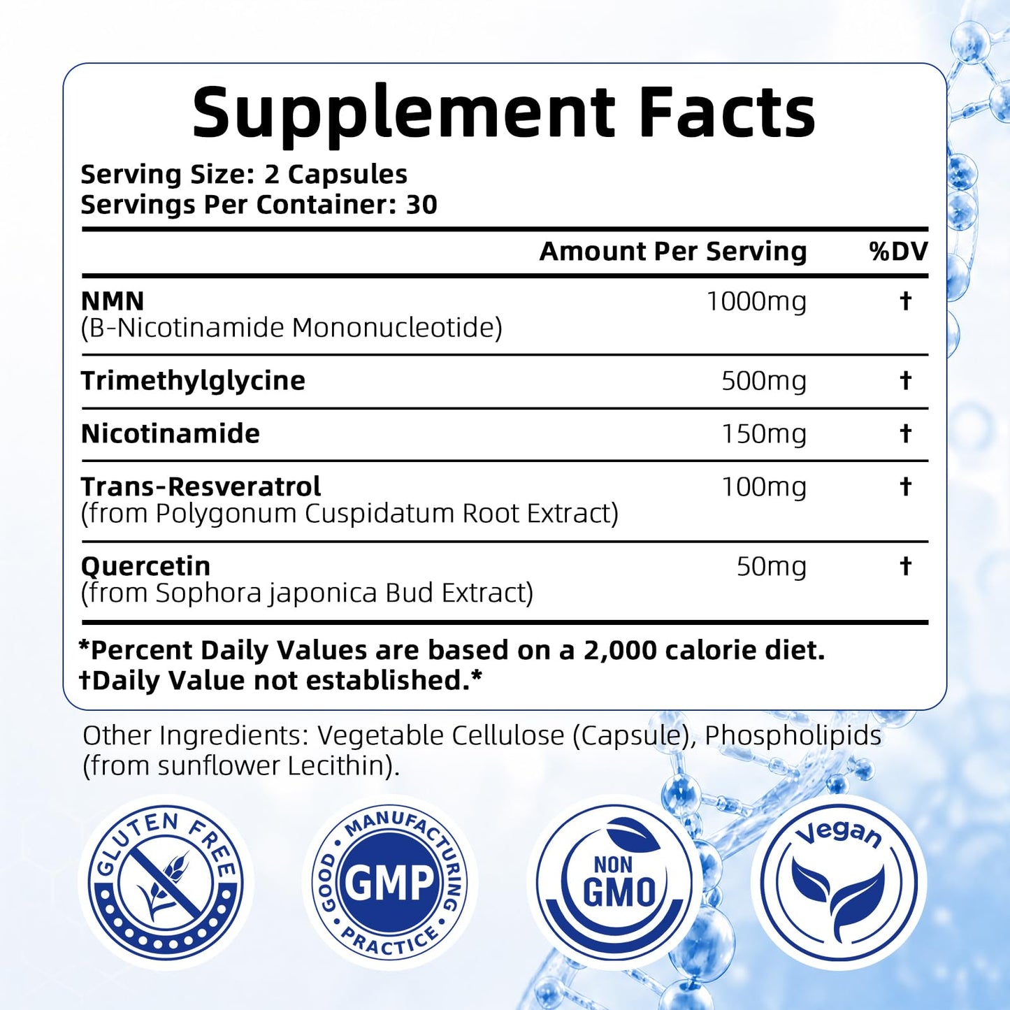 DNOUHN NMN Supplement 1000mg Pure Organic NMNH Alternative, Supports Cellular Energy, NAD+ Levels and Healthy Aging, Nicotinamide Mononucleotide, Gluten Free, 60 Capsules