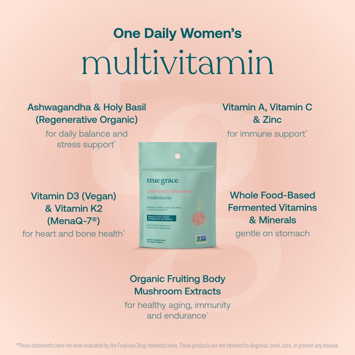 True Grace One Daily Women’s Multivitamin Fermented Minerals, Organic Adaptogens & Mushrooms Whole Body Balance, Immune, Energy, Beauty Support, 90 Tablets
