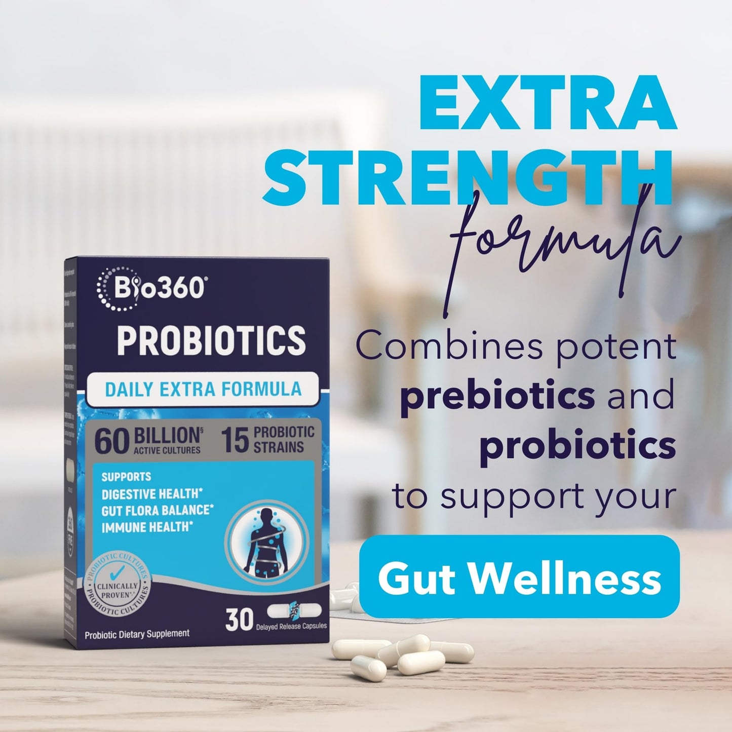 Bio360 Extra Strength Probiotic for Digestive Health and Immune Support, 60 Capsules
