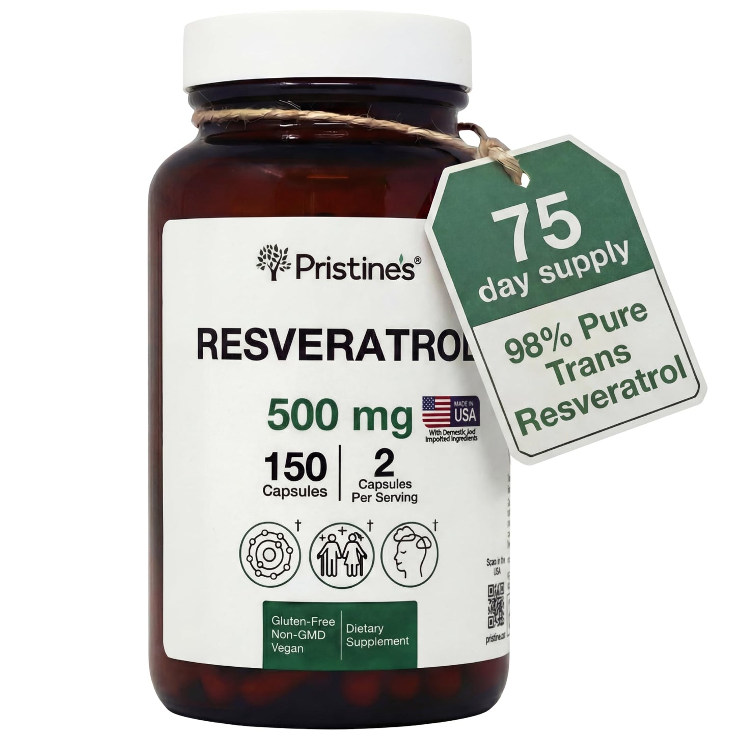PRISTINE'S Resveratrol 500MG 75 Day Supply Anti Aging Antioxidant & Heart Health Supplement Capsules 150 Count