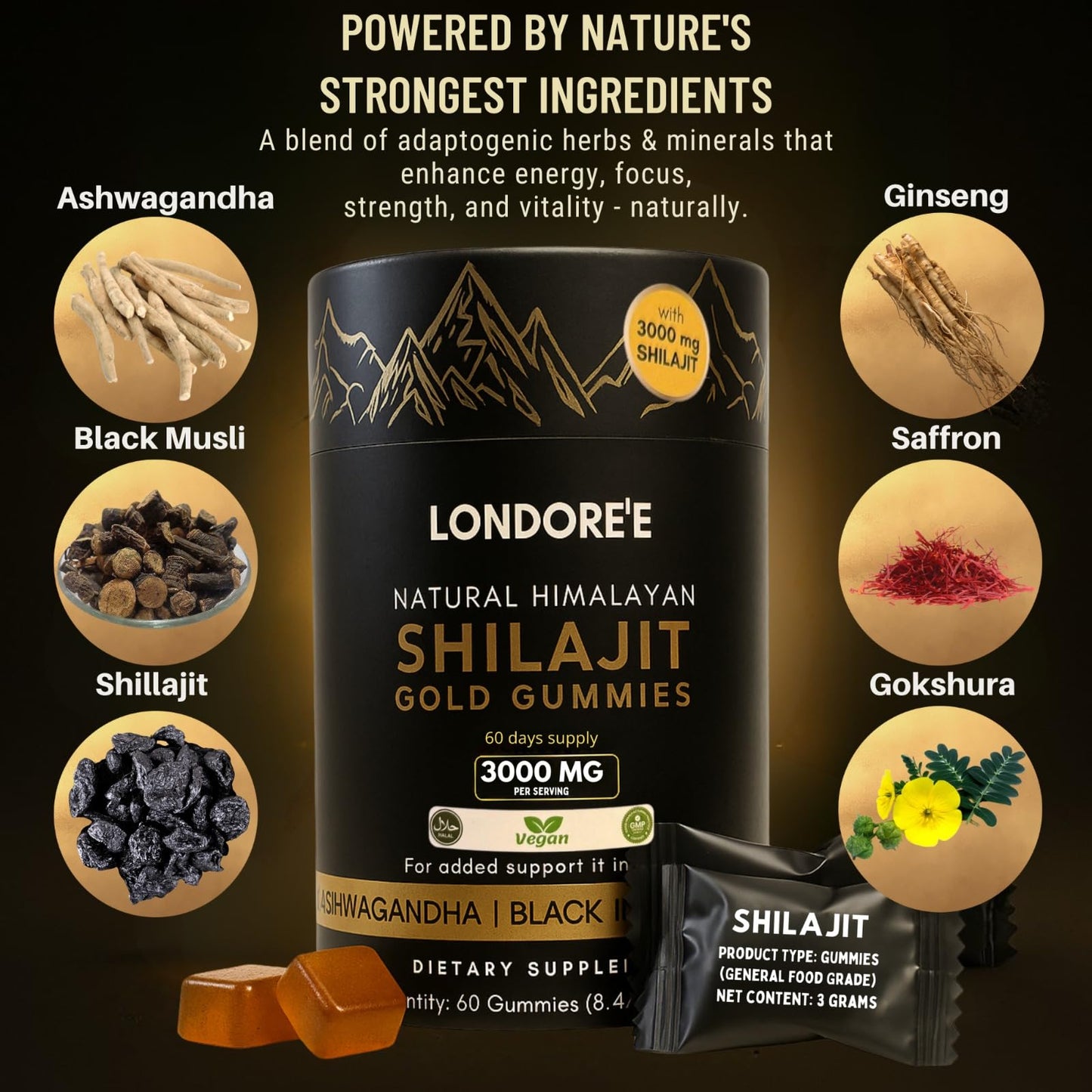 Londoree Himalayan Shilajit Gold Gummies 3000mg, 60 Count
