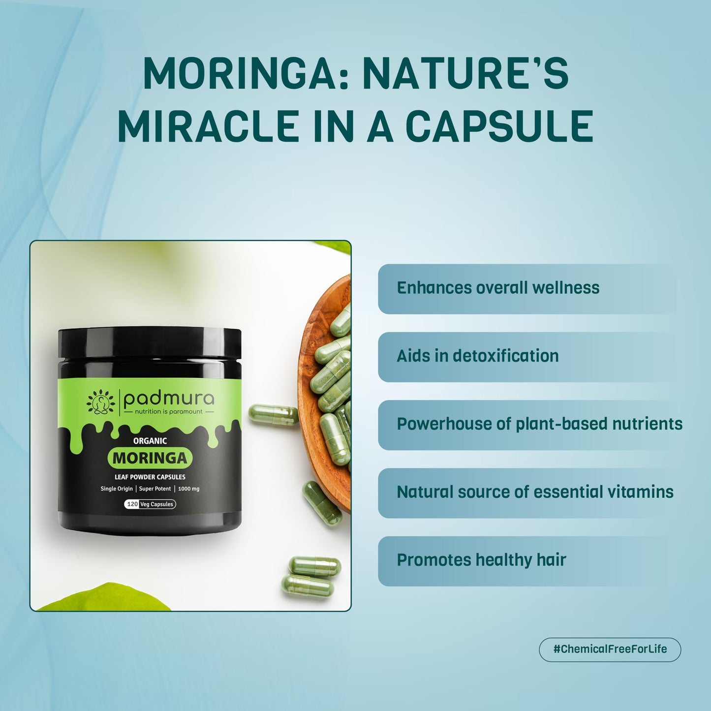 PADMURA Organic Moringa Oleifera Leaf Powder Capsules 1000mg, 120 Capsules