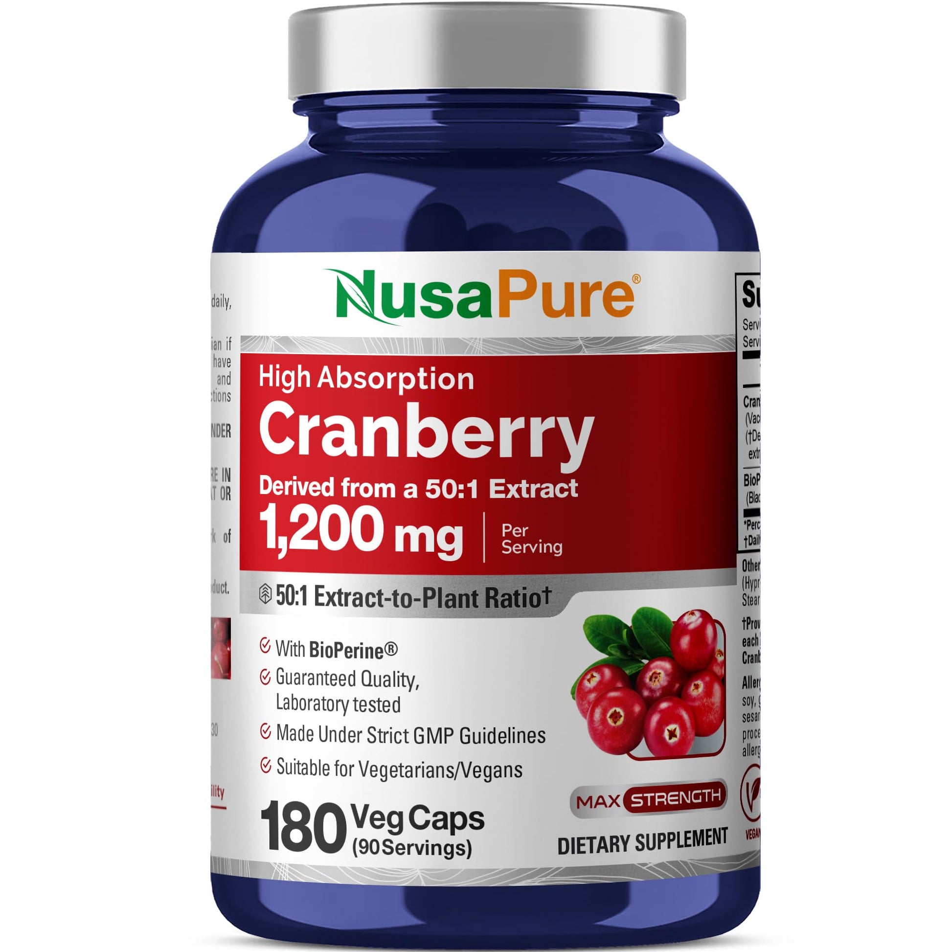 NusaPure Cranberry Capsules, 1200 mg, 180 Count, Non-GMO, Vegan
