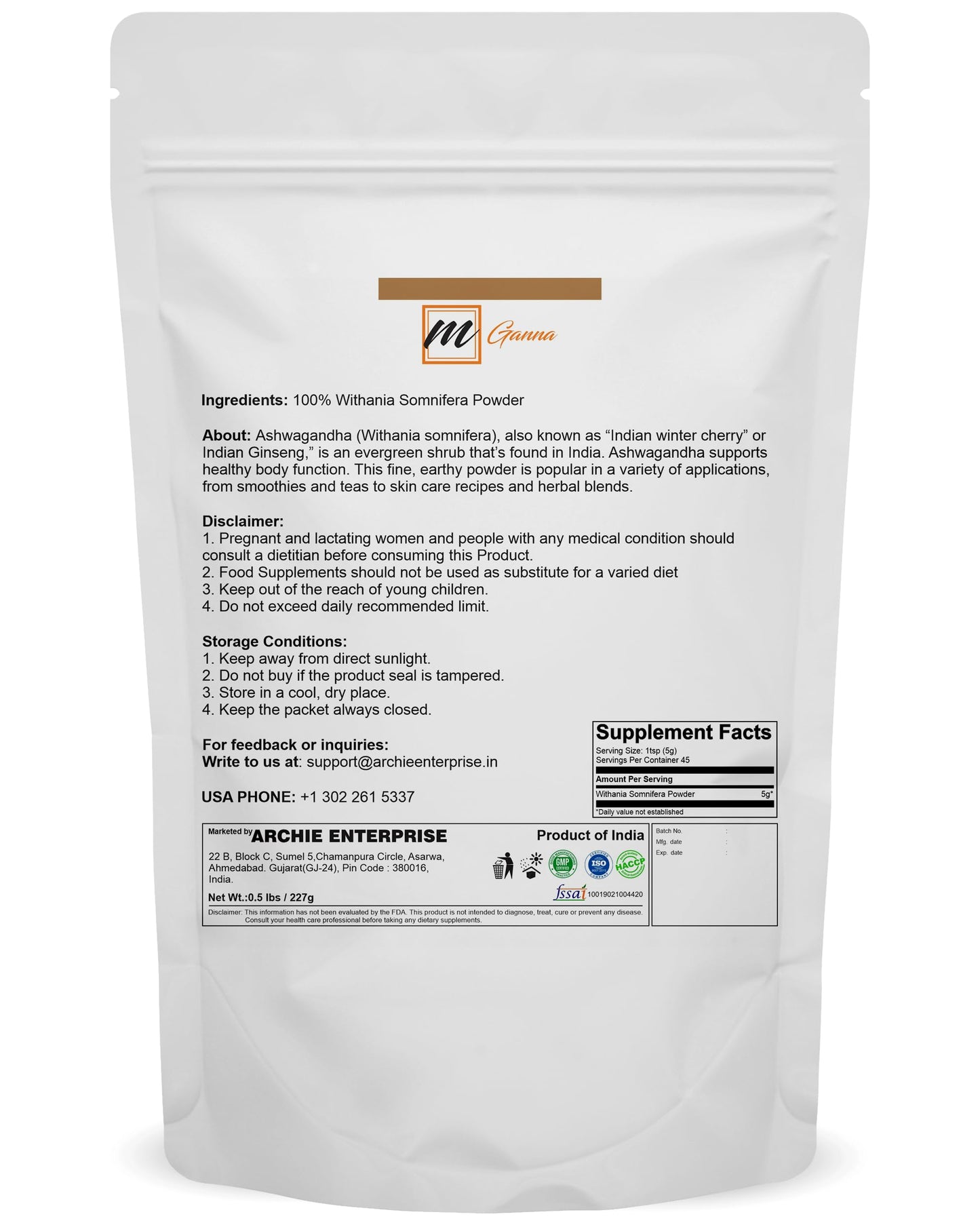 ARCHIE ENTERPRISE Ashwagandha/Withania Somnifera Powder 8 oz