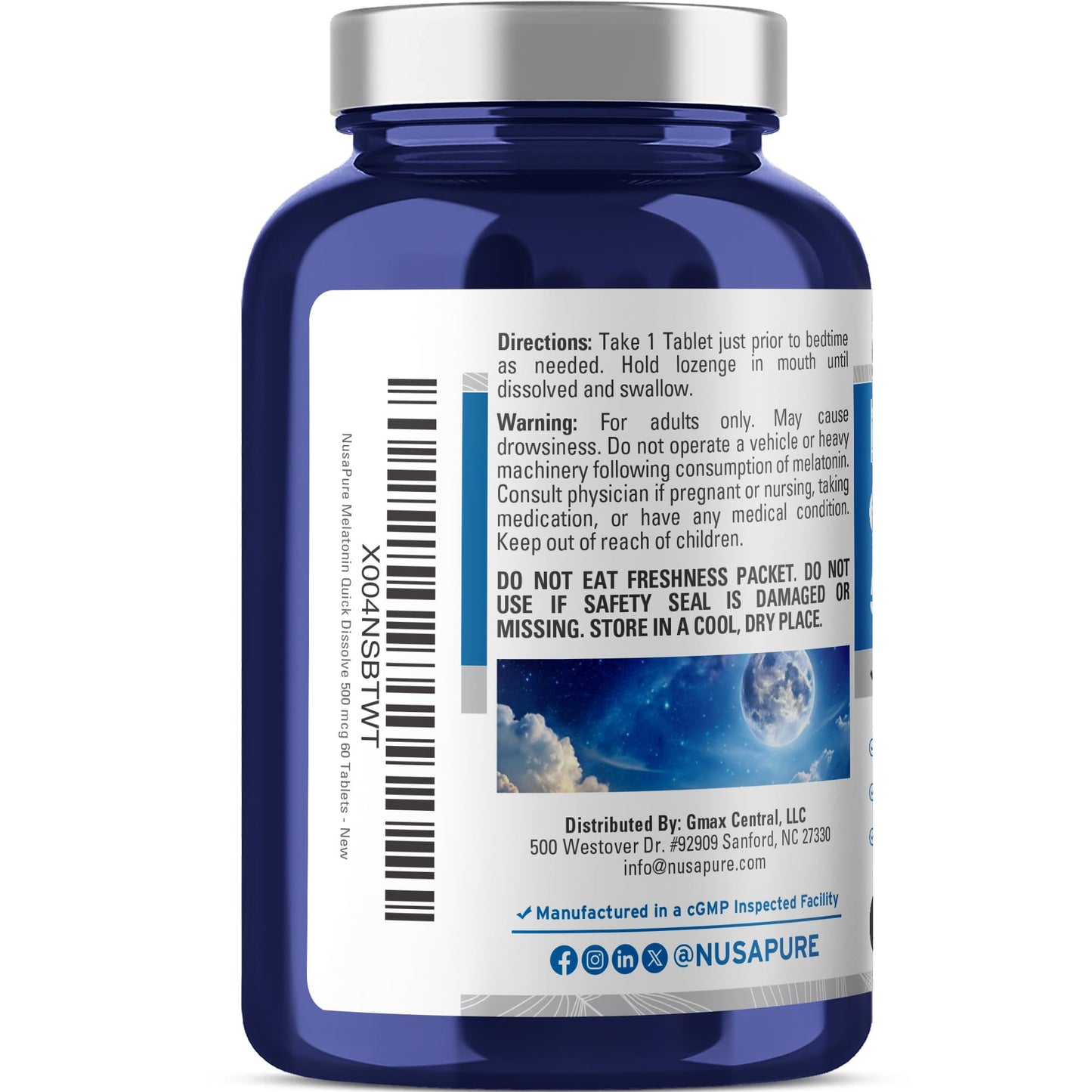 NusaPure Melatonin Quick Dissolve, Vegan, Non-GMO, 500mcg, 60 Tablets