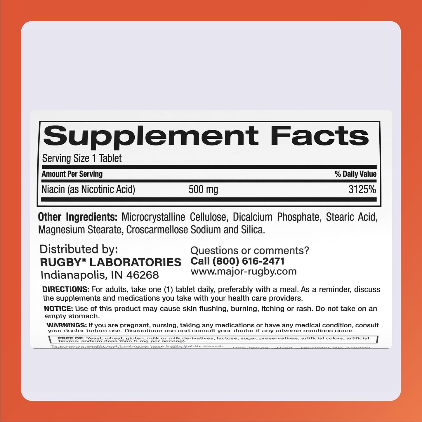 Rugby Laboratories Niacin 500mg Vitamin B3 Supplement Tablet 2000 Tablets