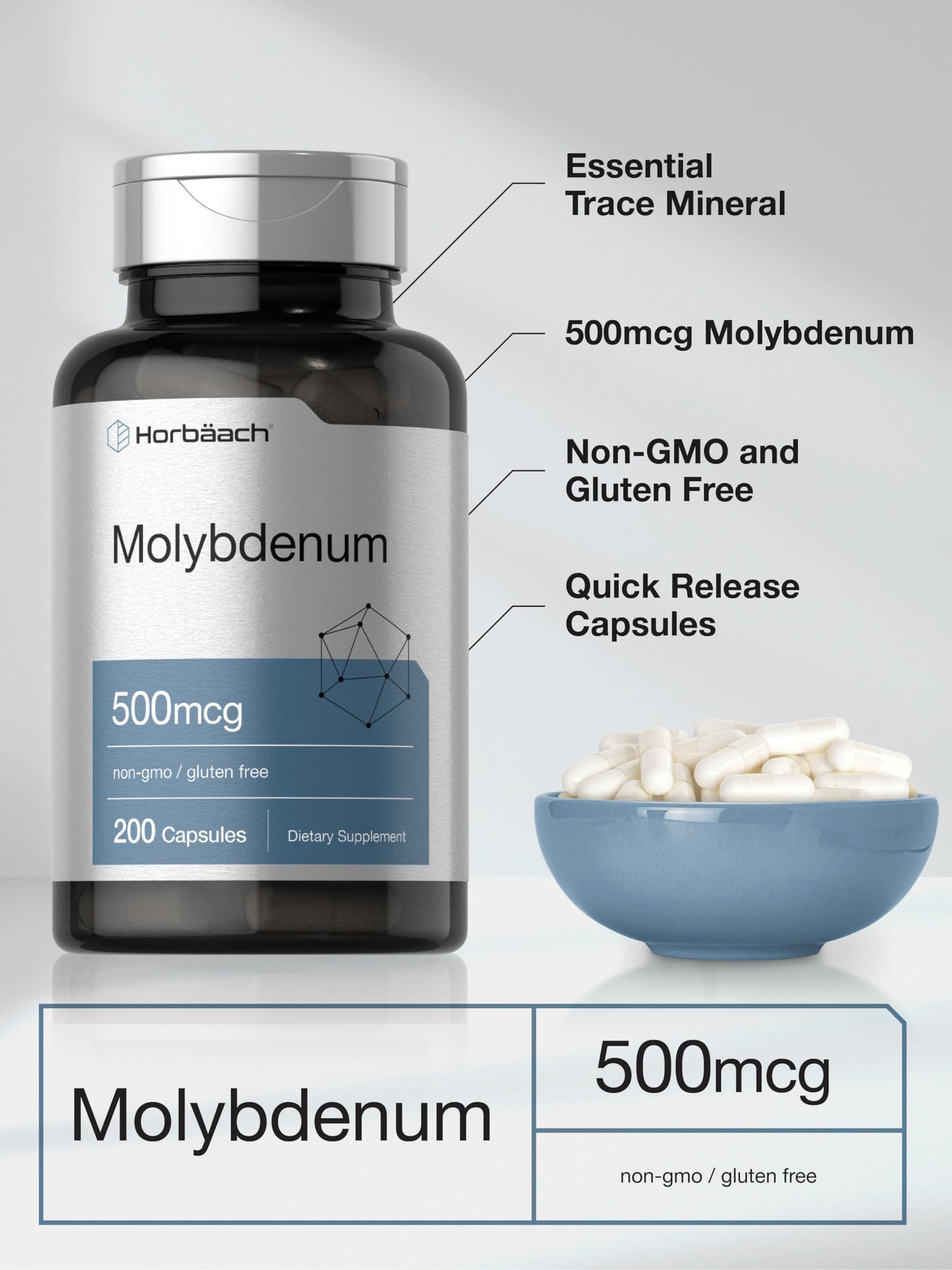 Horbäach Molybdenum Supplement 500mcg Capsules, 200 Capsules