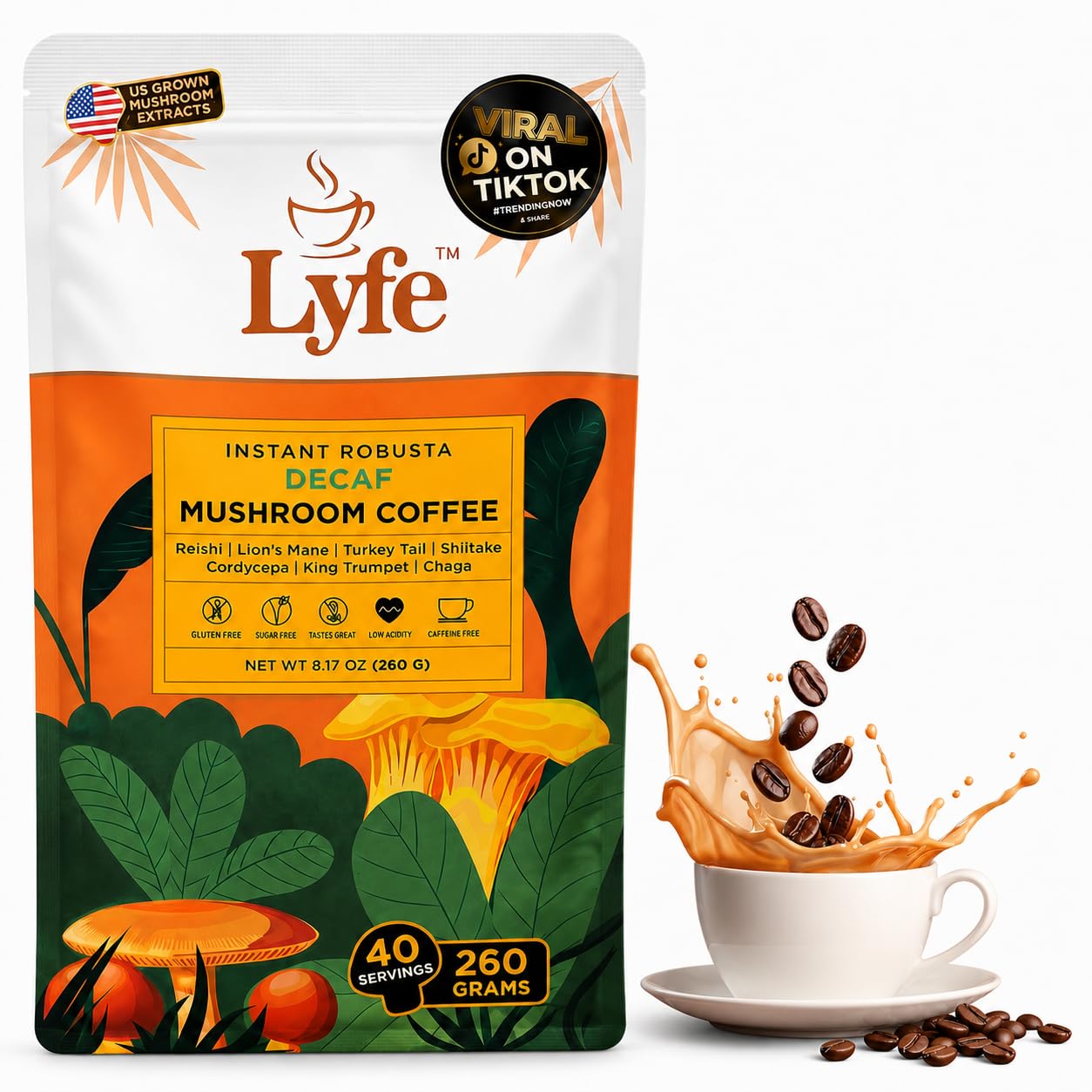 LYFE Organic Instant Decaf Mushroom Coffee Powder 9.17 oz