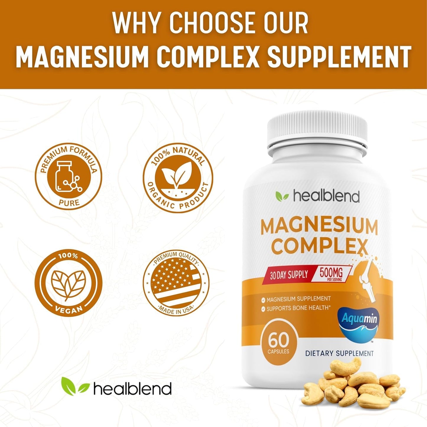Healblend Multi Magnesium Complex Supplement 500mg - 5 Active Bioavailable Forms – Hydroxide, Malate, Oxide, Citrate, Glycinate - Bone, Heart, & Muscle Support Capsules, 60 Count