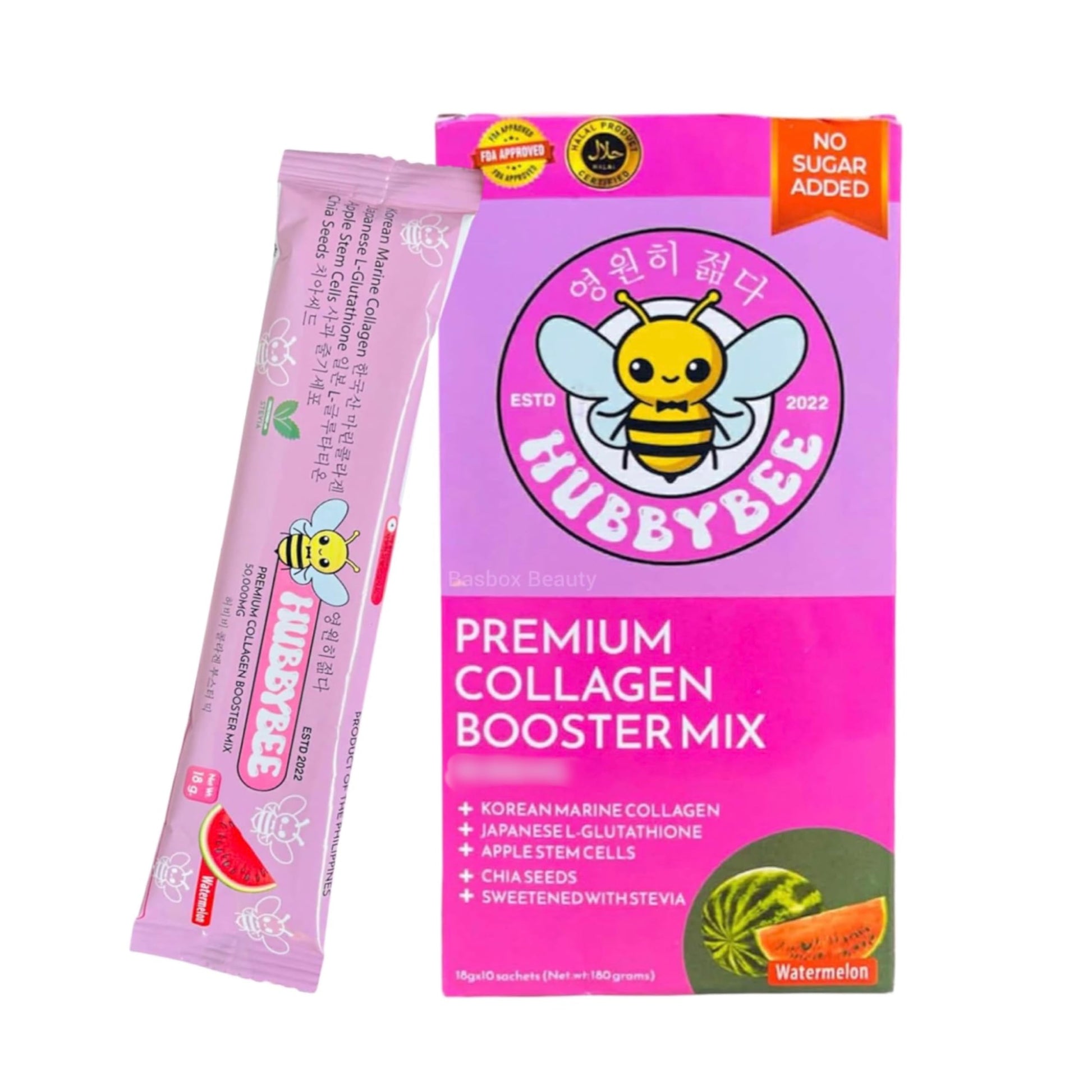 Generic HubbyBee Premium Collagen Booster Mix, Korean Hydrolyzed Marine Collagen with L-Glutathione, Apple Stem Cells & Chia Seeds (Watermelon), No Sugar Added Powder 6.35 oz