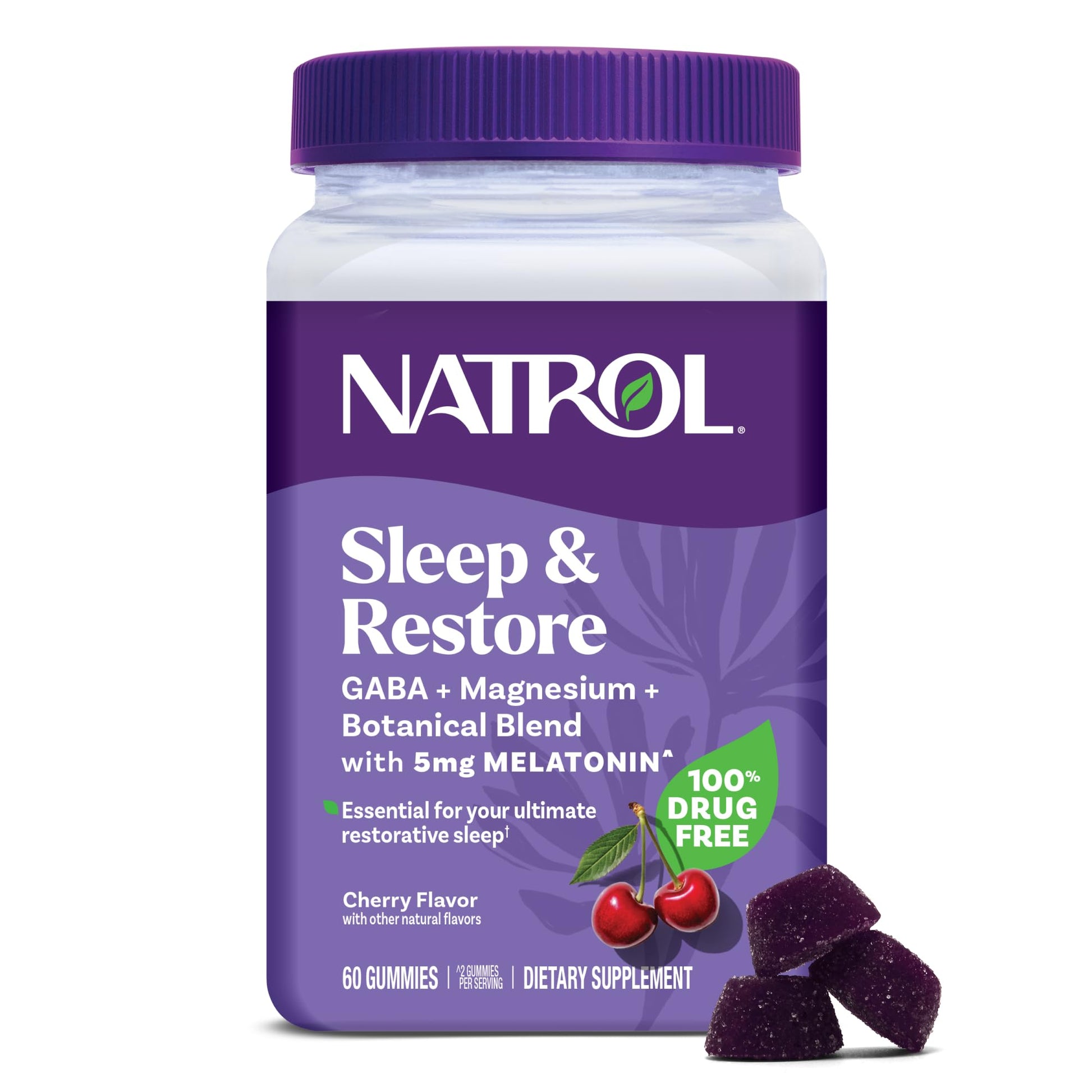 Natrol Sleep + Restore Gummies with Magnesium Glycinate Blend & Melatonin 5mg, Cherry Flavor, 60 Gummies