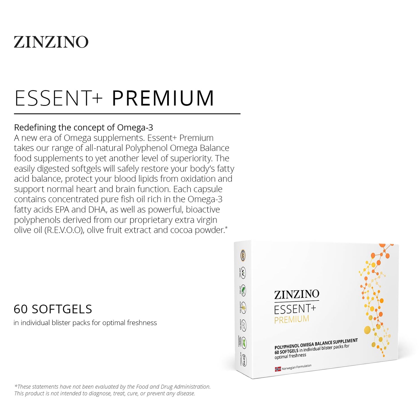 ZINZINO Essent+ Premium, Advanced Polyphenol Omega Balance with Fish Oil, Glycerin, Cold-Pressed Extra Virgin Olive Oil, Vitamin D, 60 Softgels