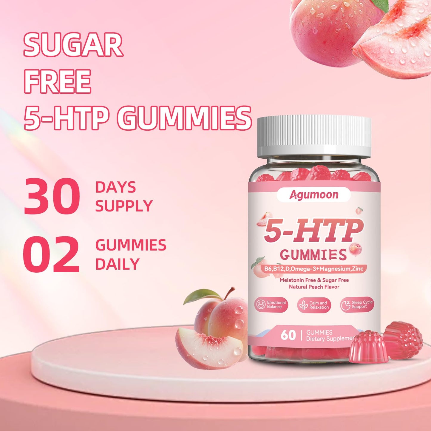 Agumoon 5-HTP Gummies with Vitamin D3, B6, B12, Zinc, Omega-3, Magnesium Glycinate, 60 Gummies