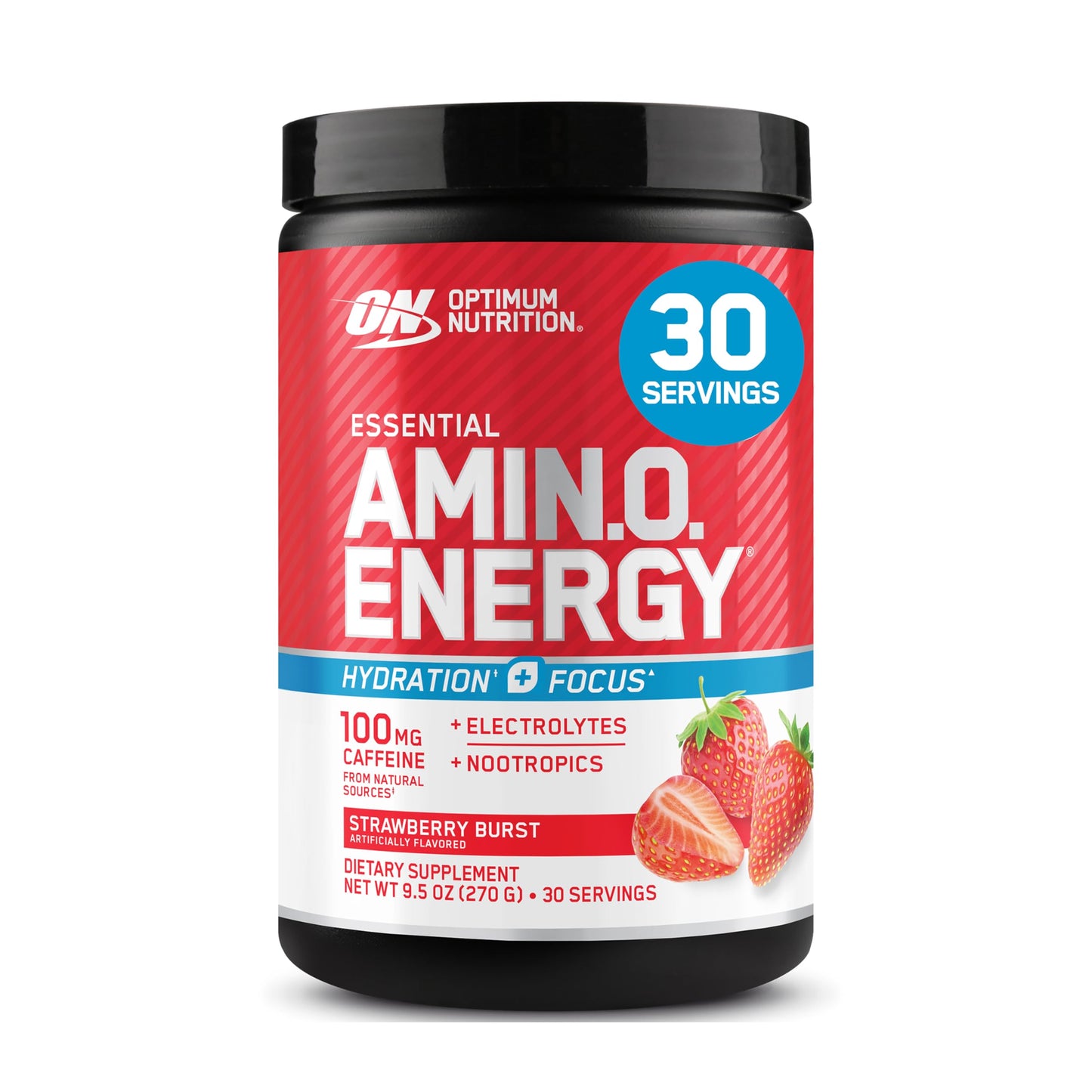 Optimum Nutrition Amino Energy Powder Plus Focus, with BCAA, Electrolytes, and Caffeine, Juicy Strawberry, 9.5 oz