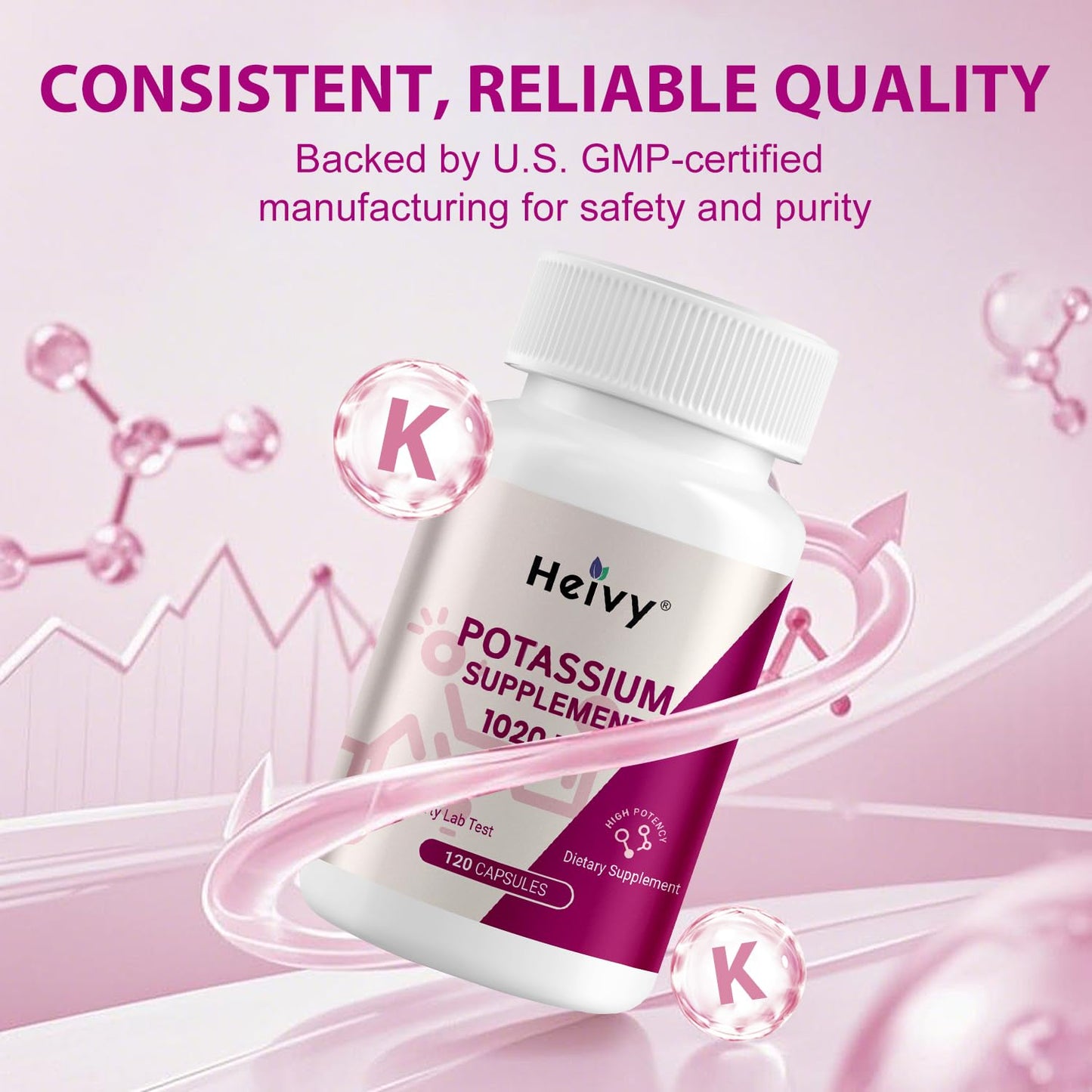 Heivy Potassium Supplement 1020 mg Potassium Bicarbonate, 120 Vegetarian Capsules