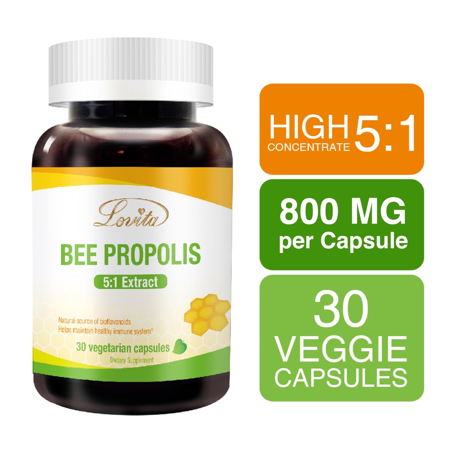 Lovita Propolis Capsule 800mg 5:1 Concentration Natural Bee Propolis Extract, 90 Capsules