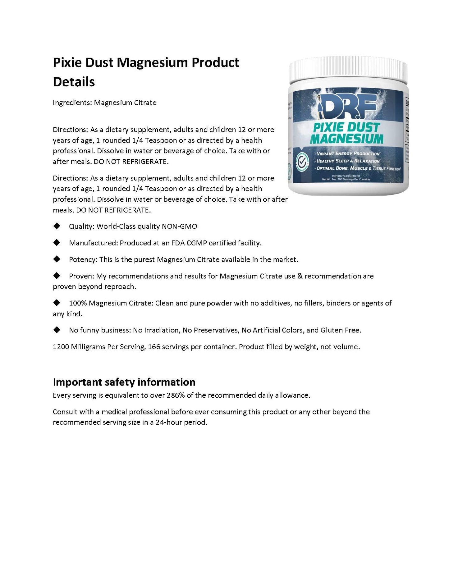 DR.F Pixie Dust Magnesium Powder 7 Ounce