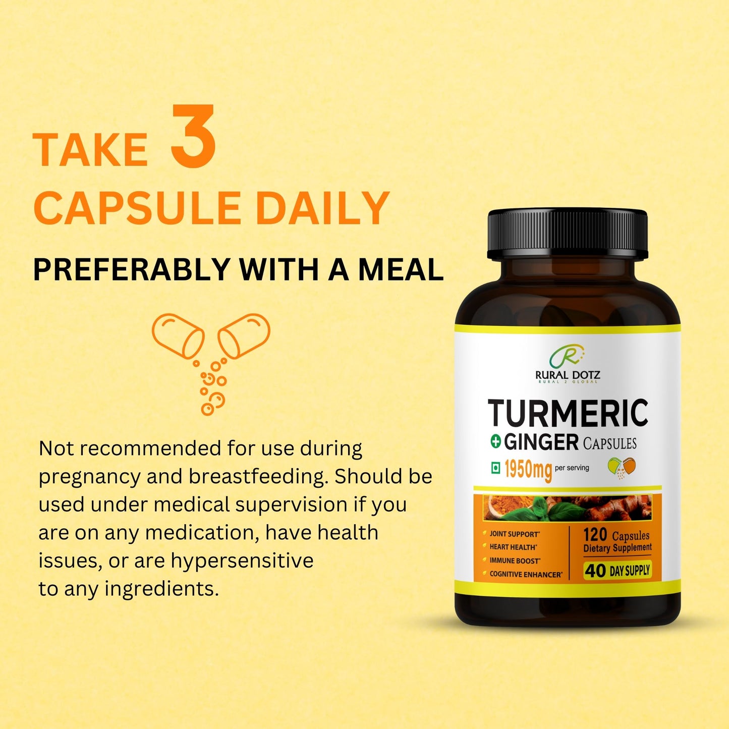Rural Dotz Turmeric Curcumin Supplement 1950mg with Turmeric & Ginger, 95% Curcuminoids, Black Pepper for Absorption Capsule 120 Count