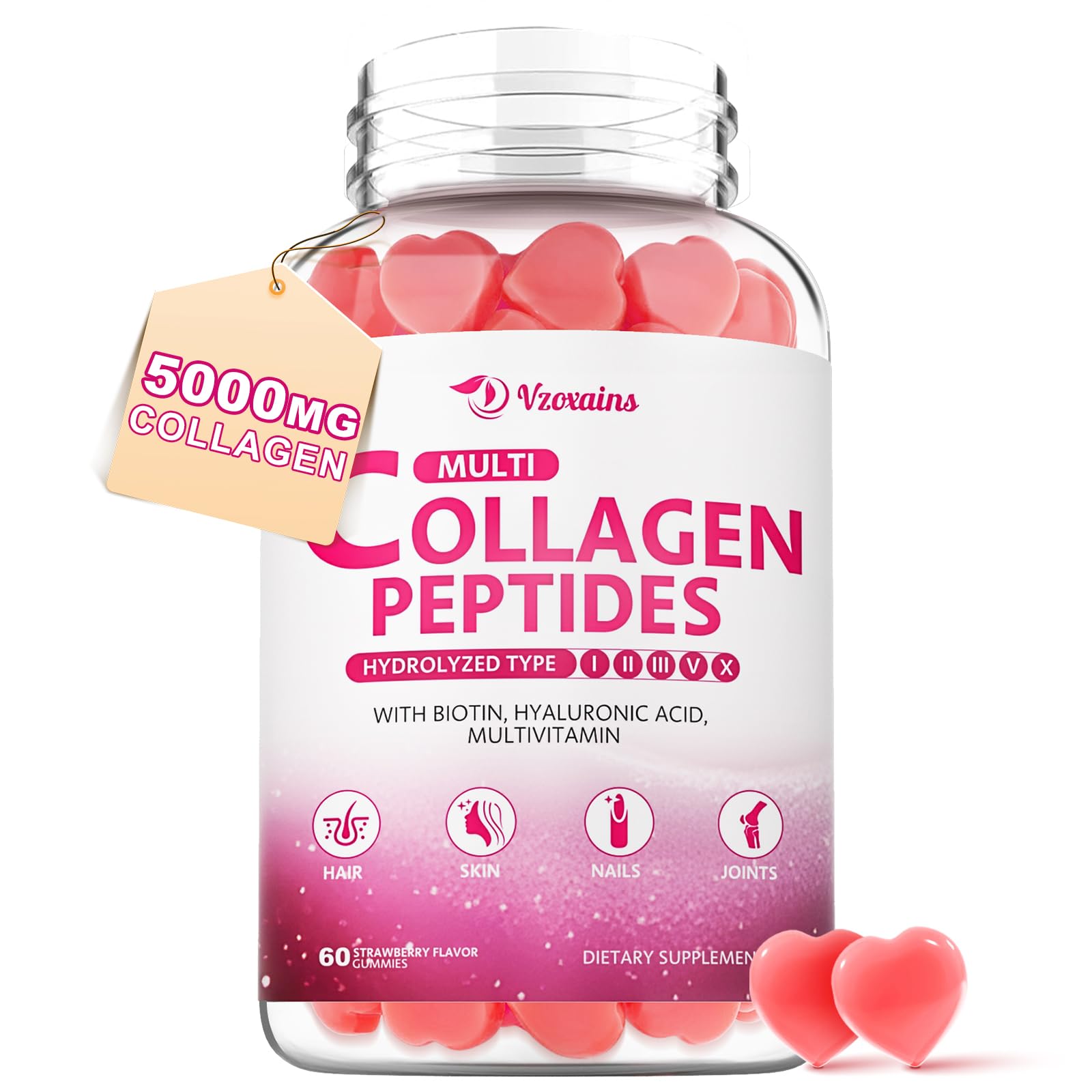 VZOXAINS Multi Collagen Peptides Gummies, Type I, II, III, V, X Collagen Protein with Biotin, Hyaluronic Acid, Vitamin C for Healthy Skin Support, Strawberry Flavored, Sugar Free, 60 Gummies