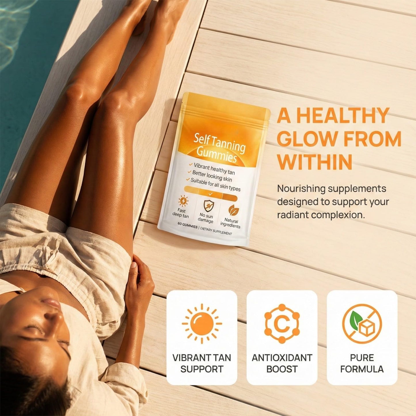 Dotkara Tanning Gummies with Astaxanthin, Beta-Carotene, Vitamin C, Turmeric + Mango Extract, Vegan & Sugar Free, 60 Count