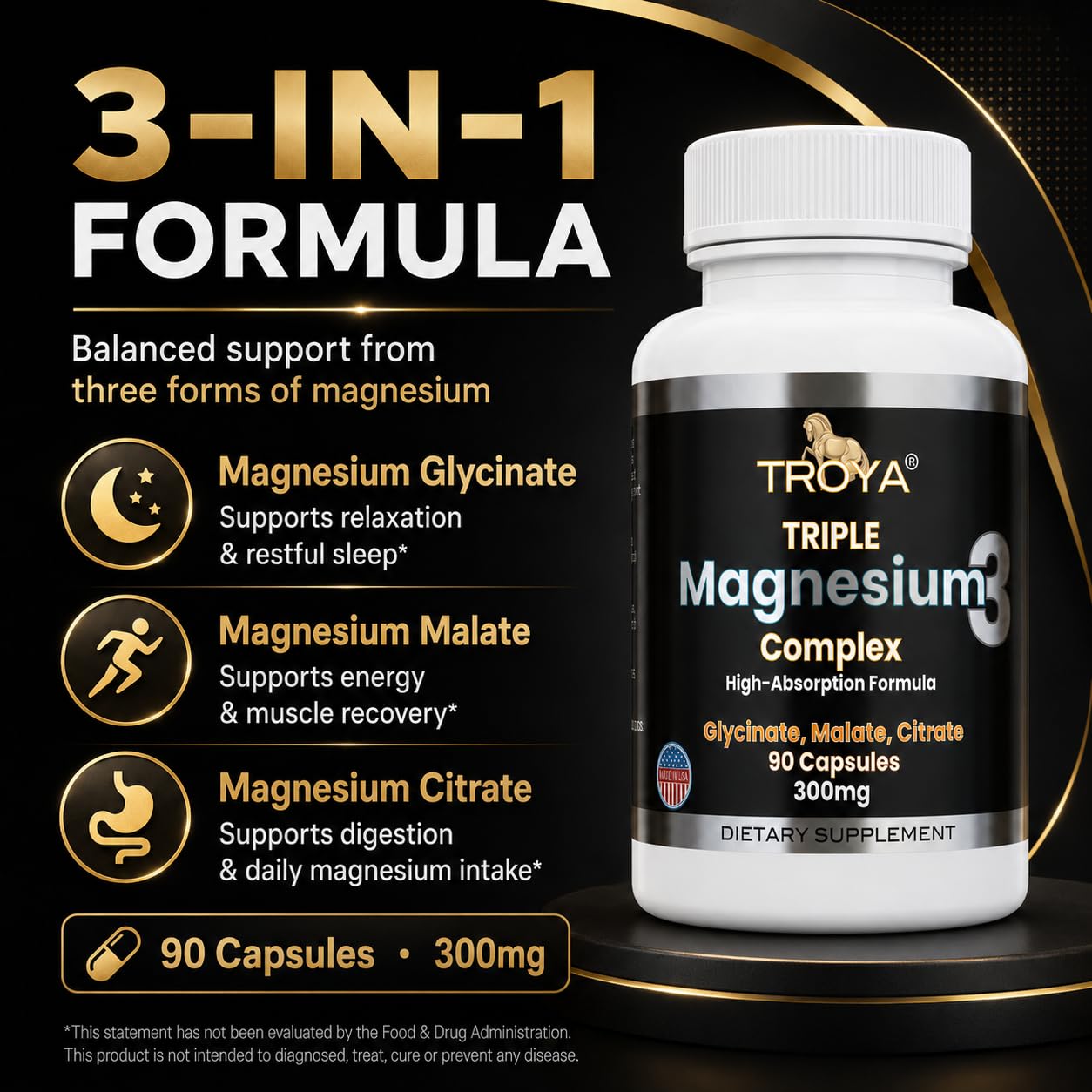 TROYA Triple Complex Magnesium Fast-Acting Magnesium Complex with Glycinate, Citrate & Malate for Relaxation, Sleep & Well-Being – Natural Formula, Non-GMO Capsules, 90 Count