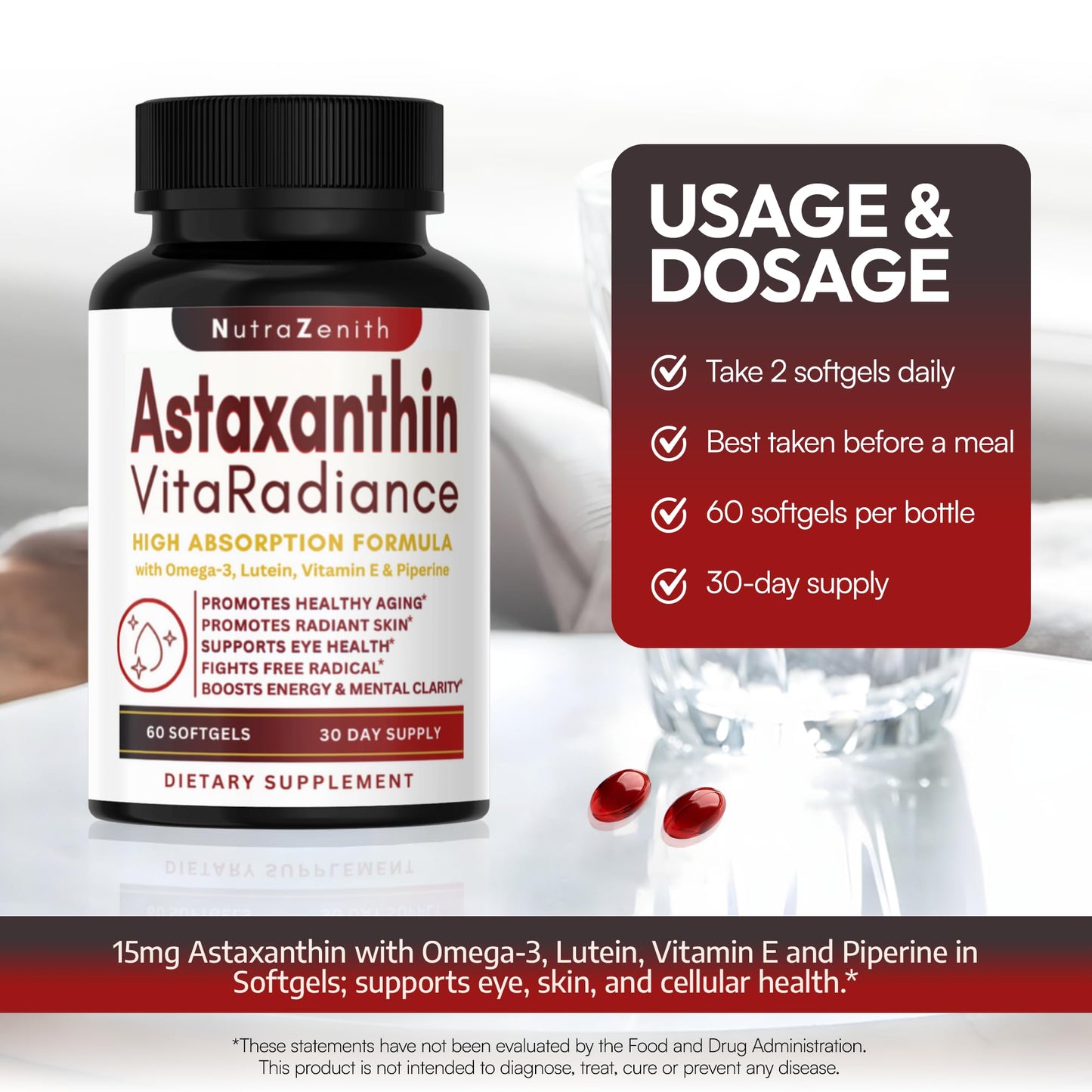 Arazo Nutrition Astaxanthin Supplement with Omega-3, Vitamin E & Lutein, 60 Capsules