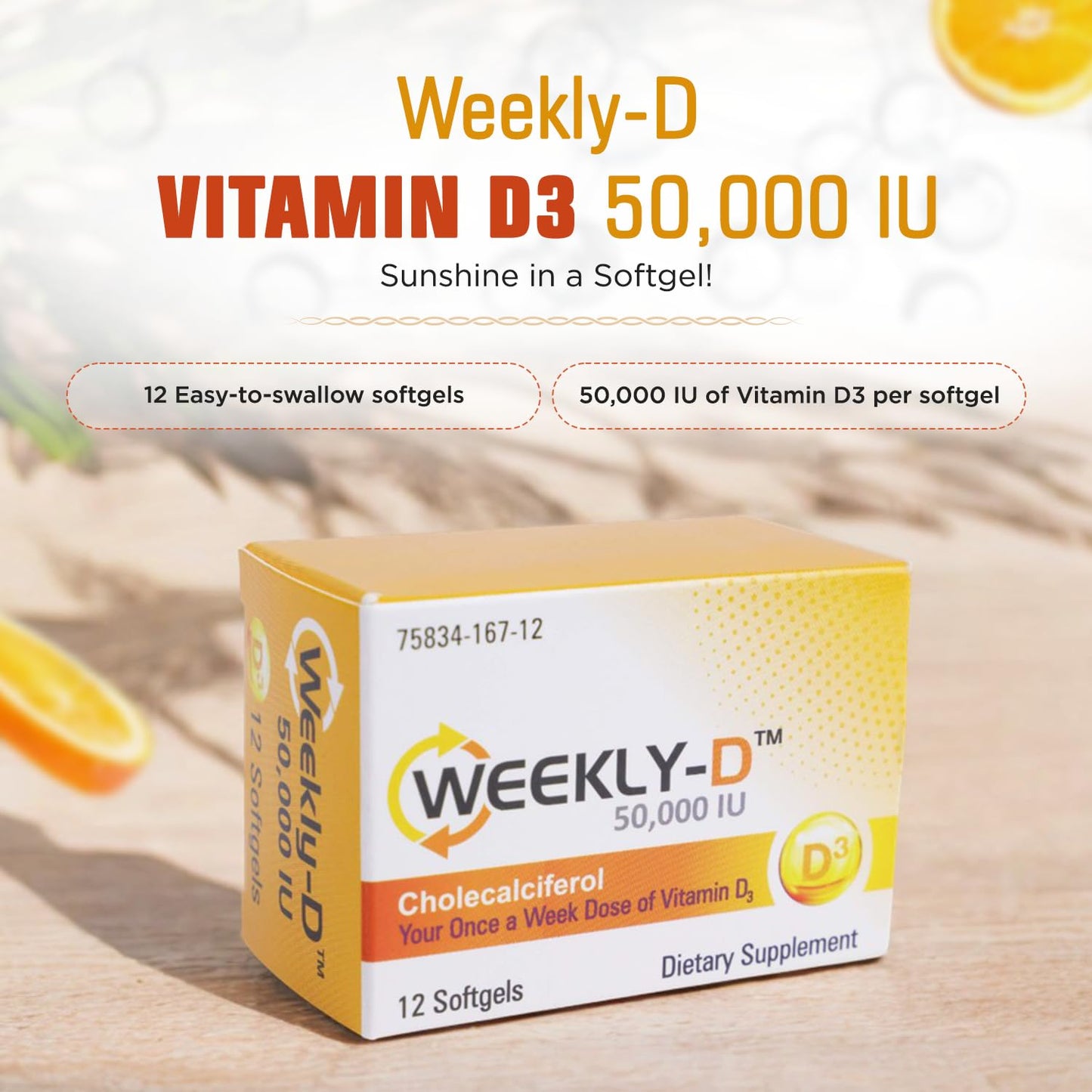 Nivagen Weekly-D Vitamin D3 50,000 IU (Cholecalciferol) Softgels, 12 Count